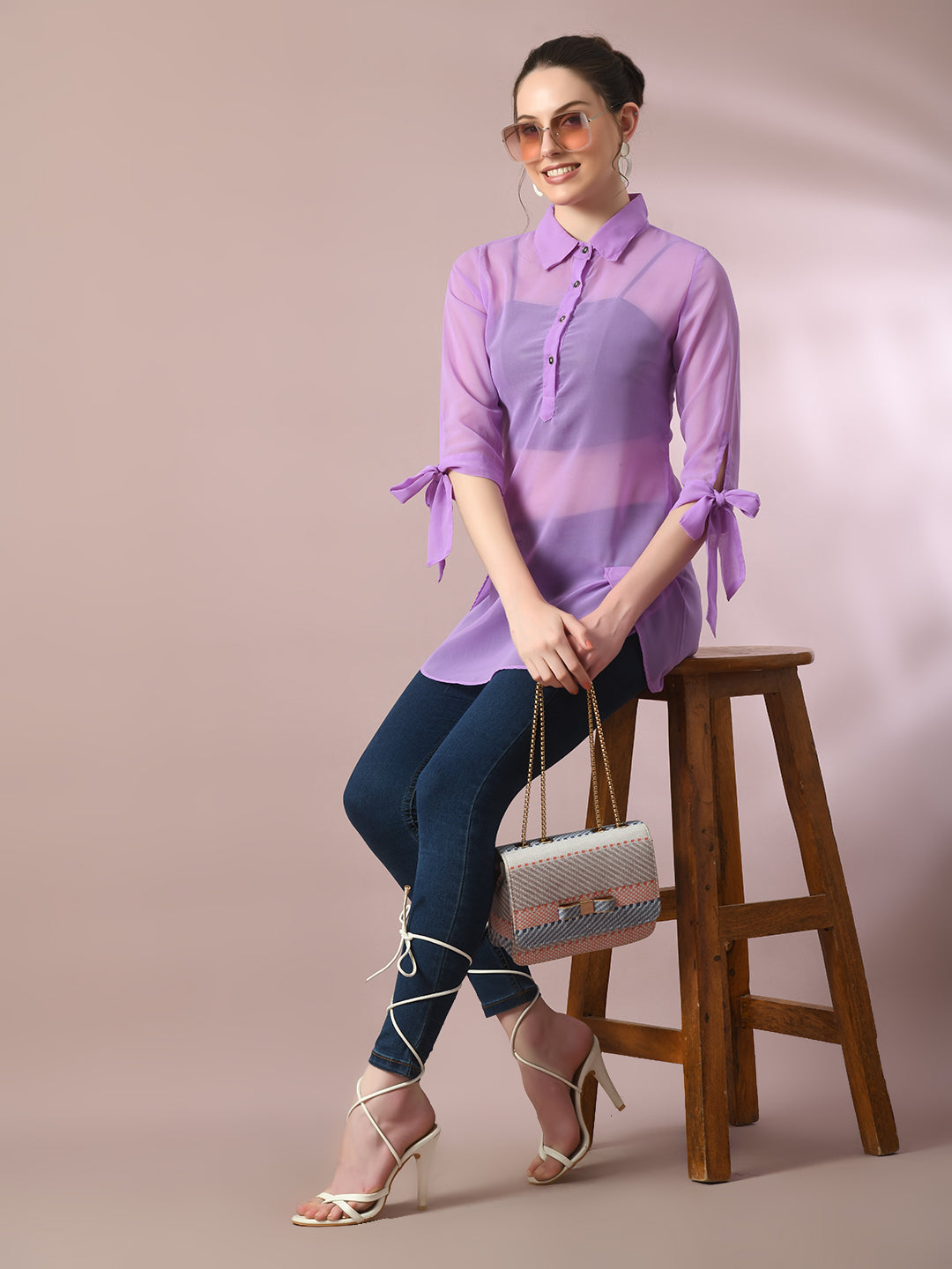 Women's Lavender Solid Georgette Longline Party Sheer Tunic