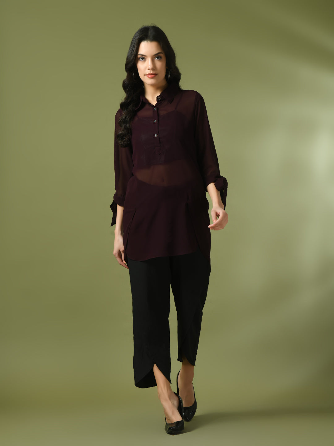 Women's Coffee Brown Solid Georgette Longline Party Sheer Tunic