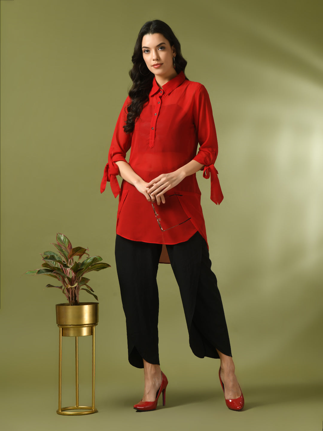 Women's Red Solid Georgette Longline Party Sheer Tunic