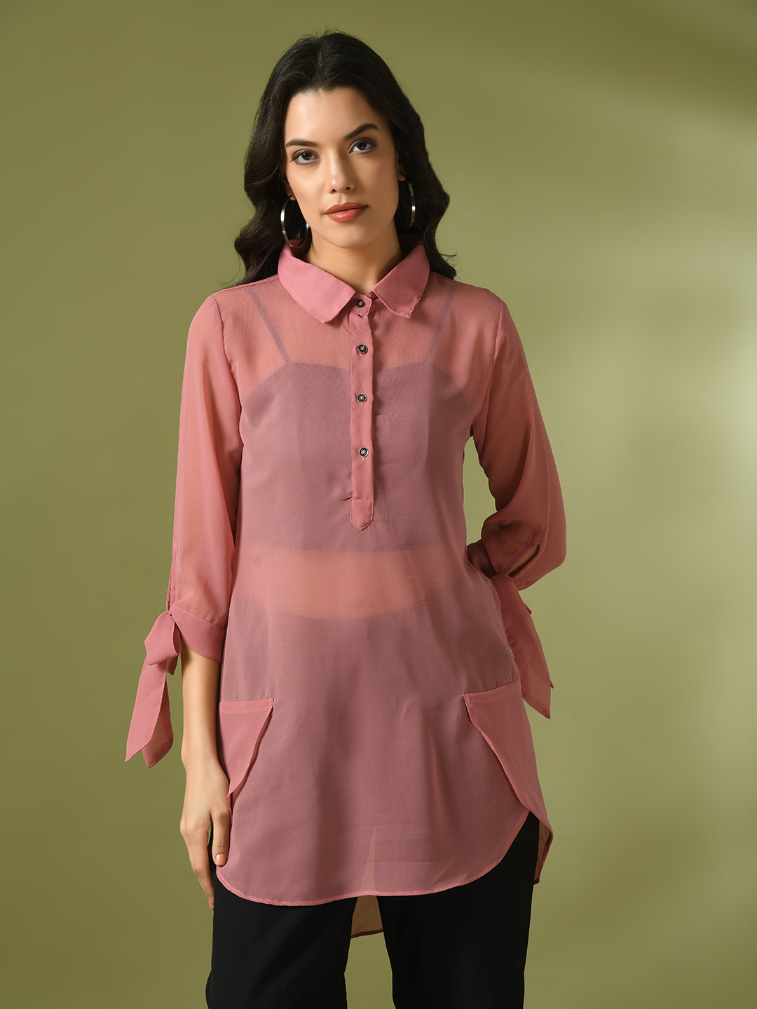 Women's Pink Solid Georgette Longline Party Sheer Tunic
