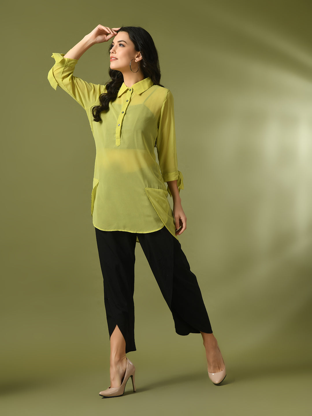 Women's Yellow Solid Georgette Longline Party Sheer Tunic