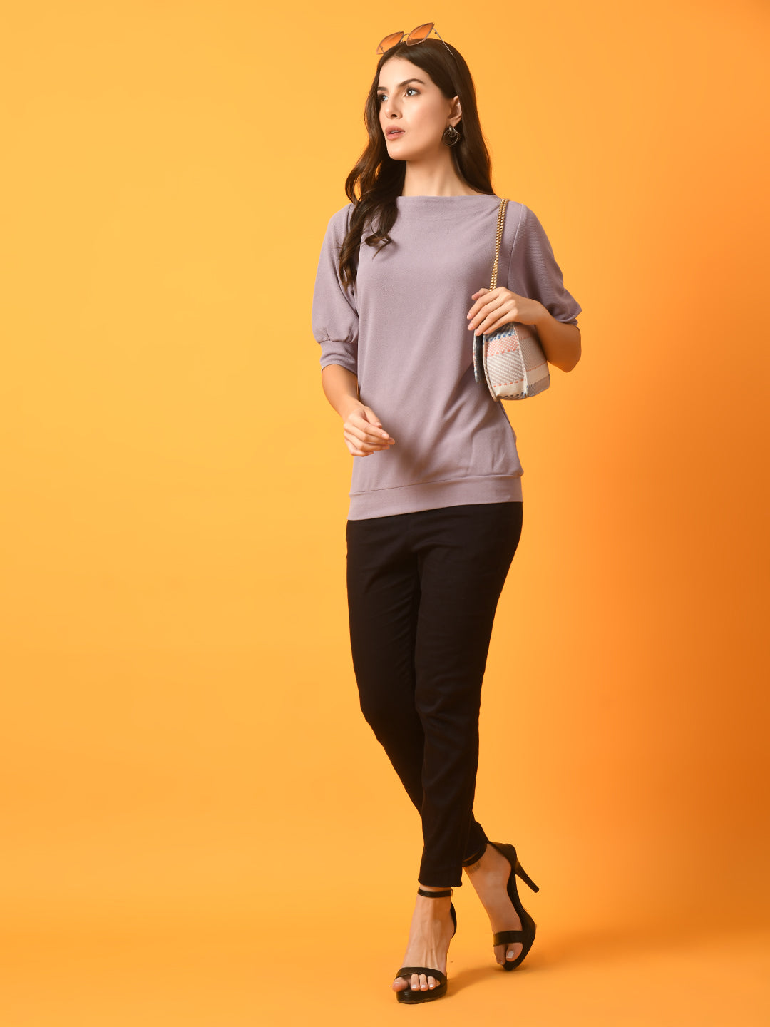 Women's Lavender Solid Boat Neck Party Top