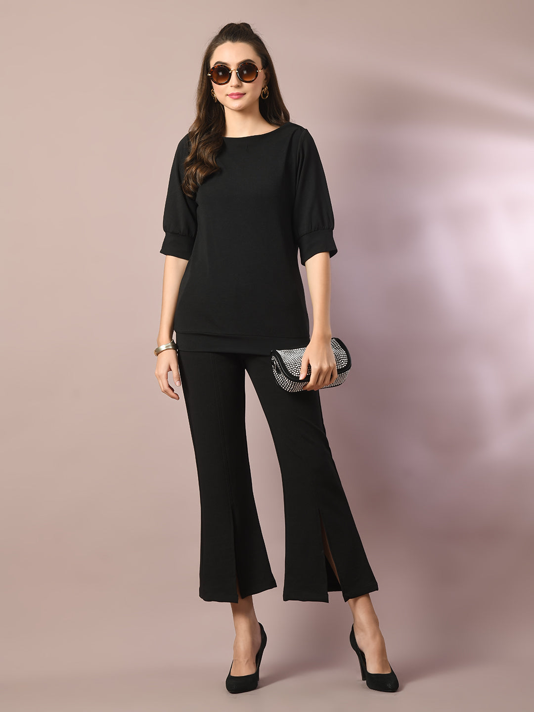 Women's Black Solid Boat Neck Party Top