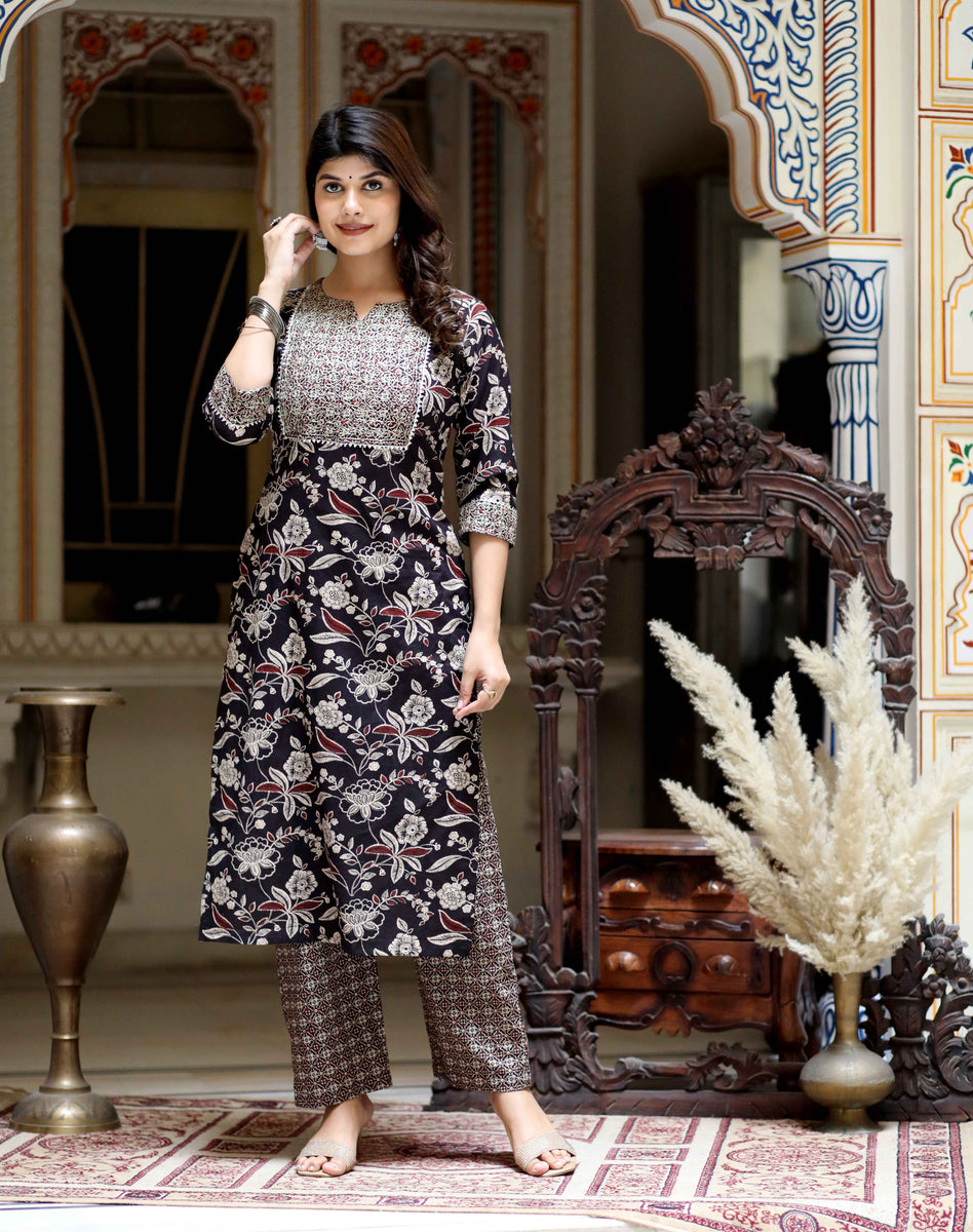 Plum Printed Cotton Kurta with Yoke Embroidery