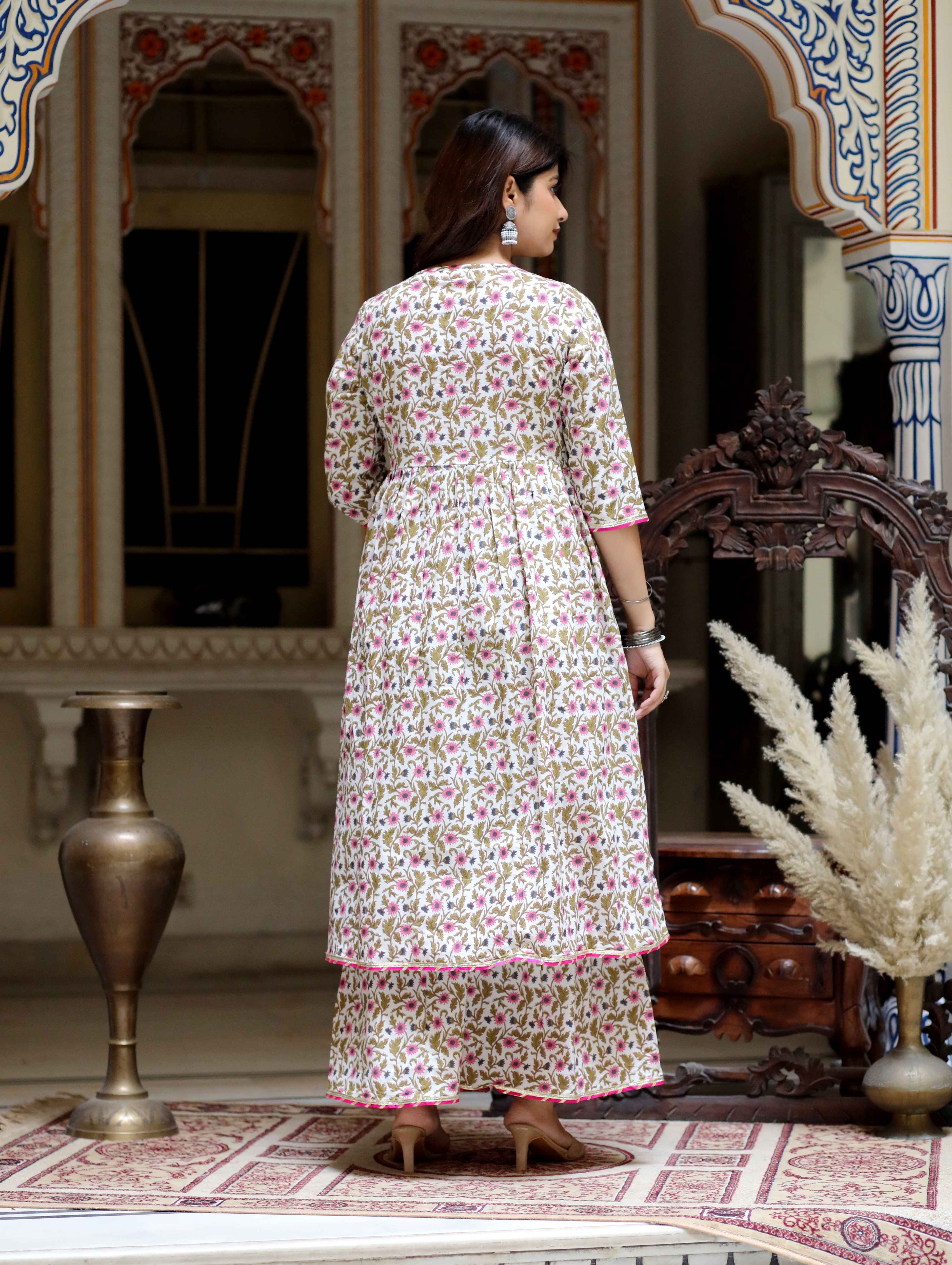 Women's Beautiful Floral Print Cotton Pink Kurta Sharara Set