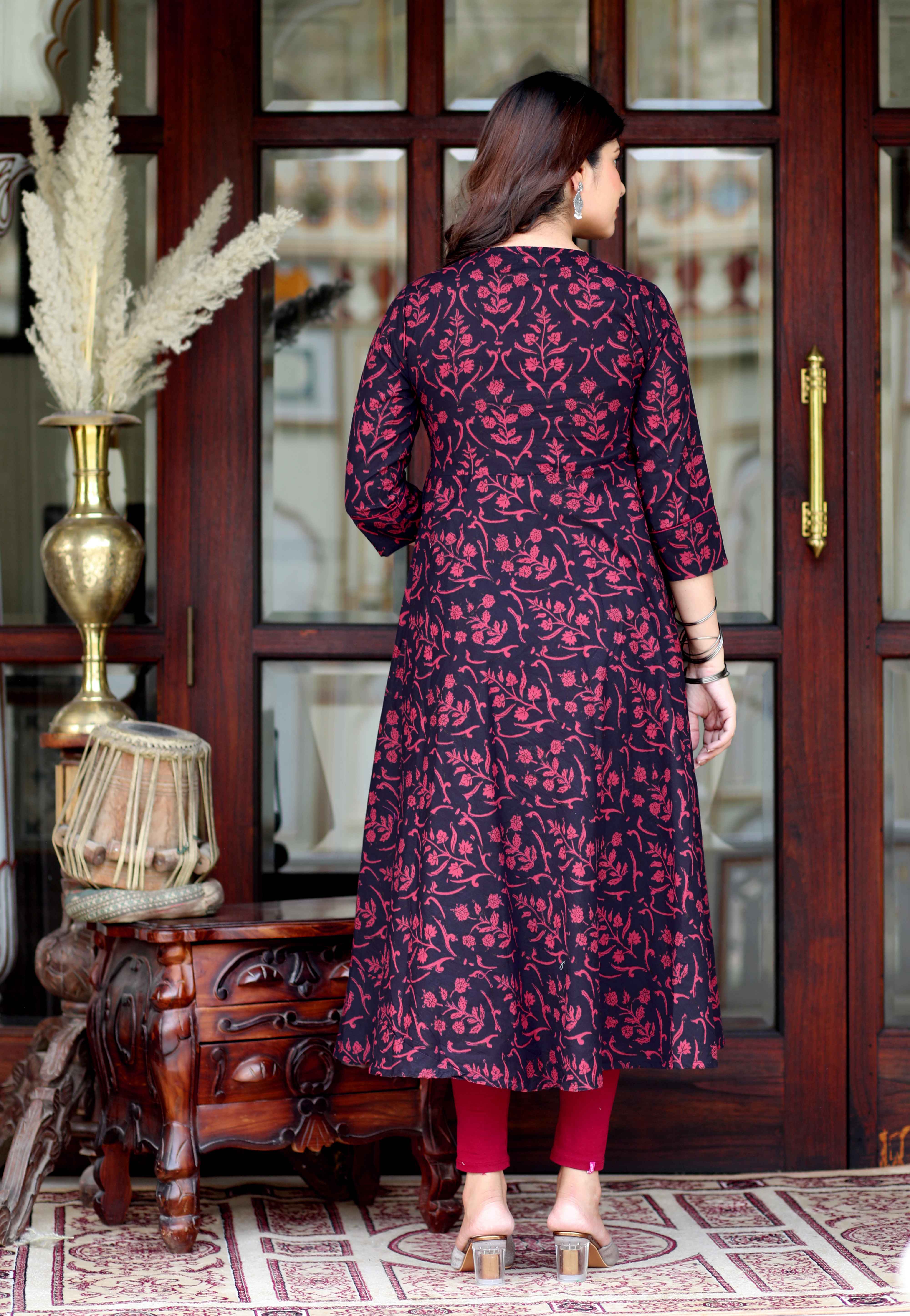 Women's Cotton Floral Print Maroon Gorgeous Look Anarkali Kurta With Dupatta