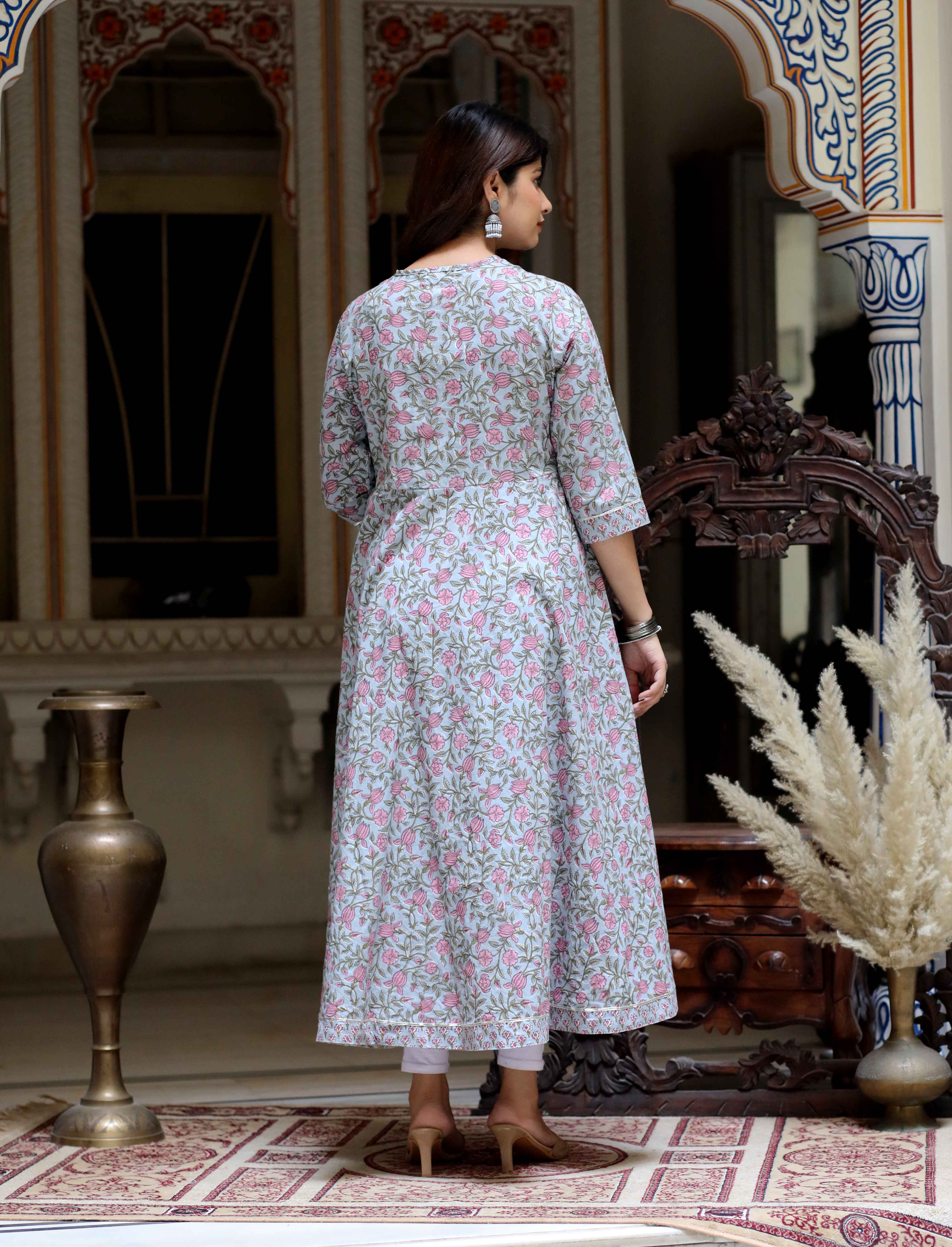 Women's Blue Gota Work Anarkali Kurta & Floral Dupatta Set