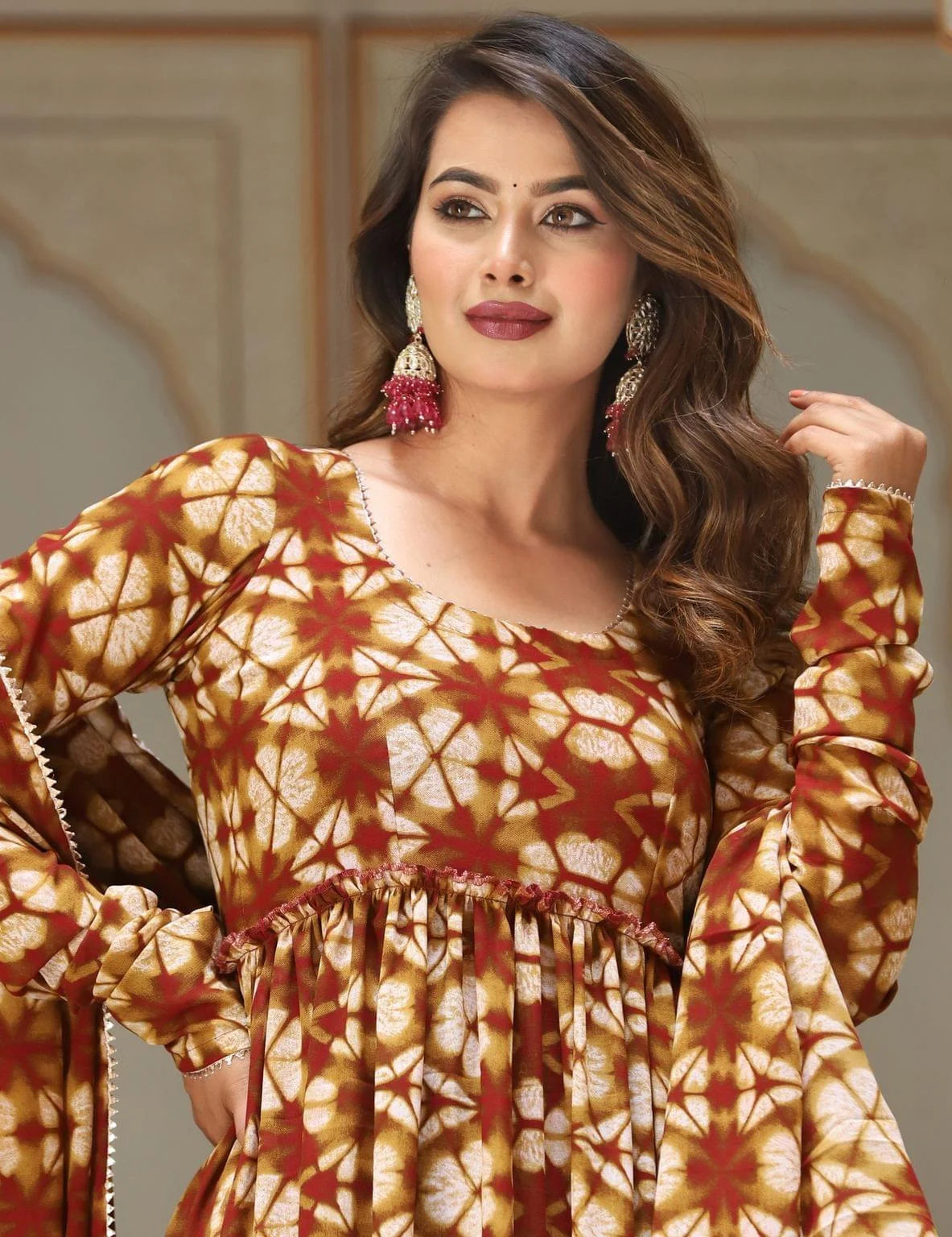 Women's Maroon Cosmos Tiered Anarkali Set