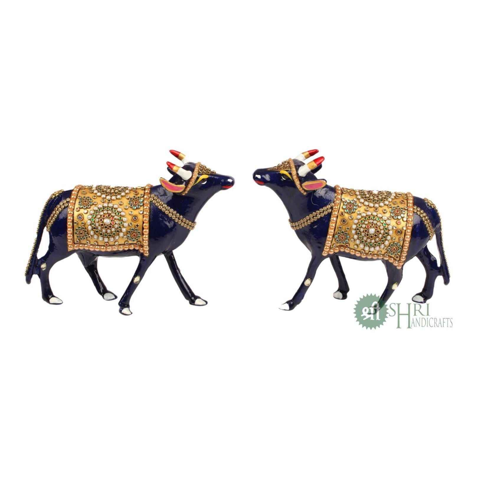 Handcrafted Cow Stone Painting with Gemstone Embellishments – 6 Inch
