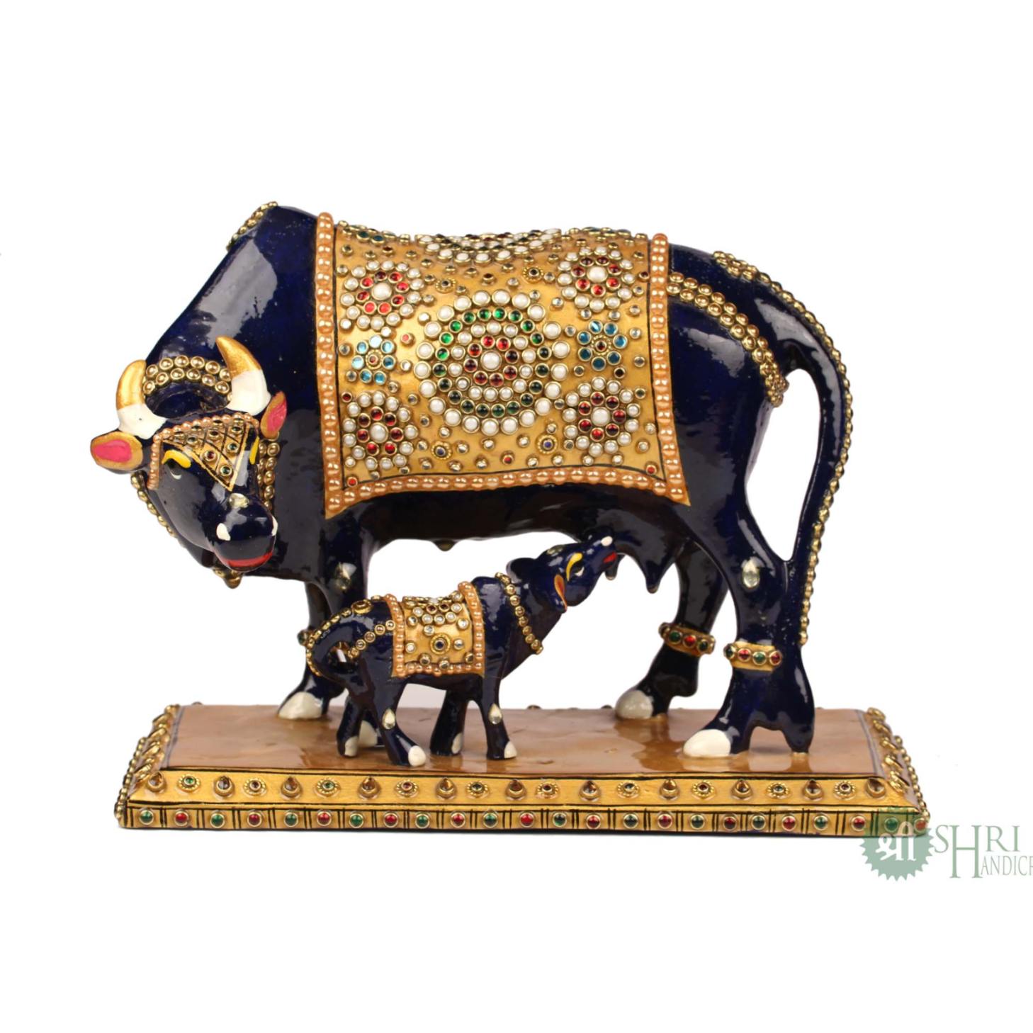 Cow & Calf Figurine with Gemstone Painting – 8 Inch