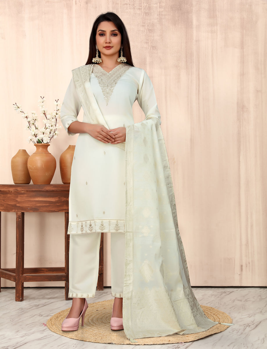 Women Solid Silk Blend Ethereal Embroidery Kurta Set