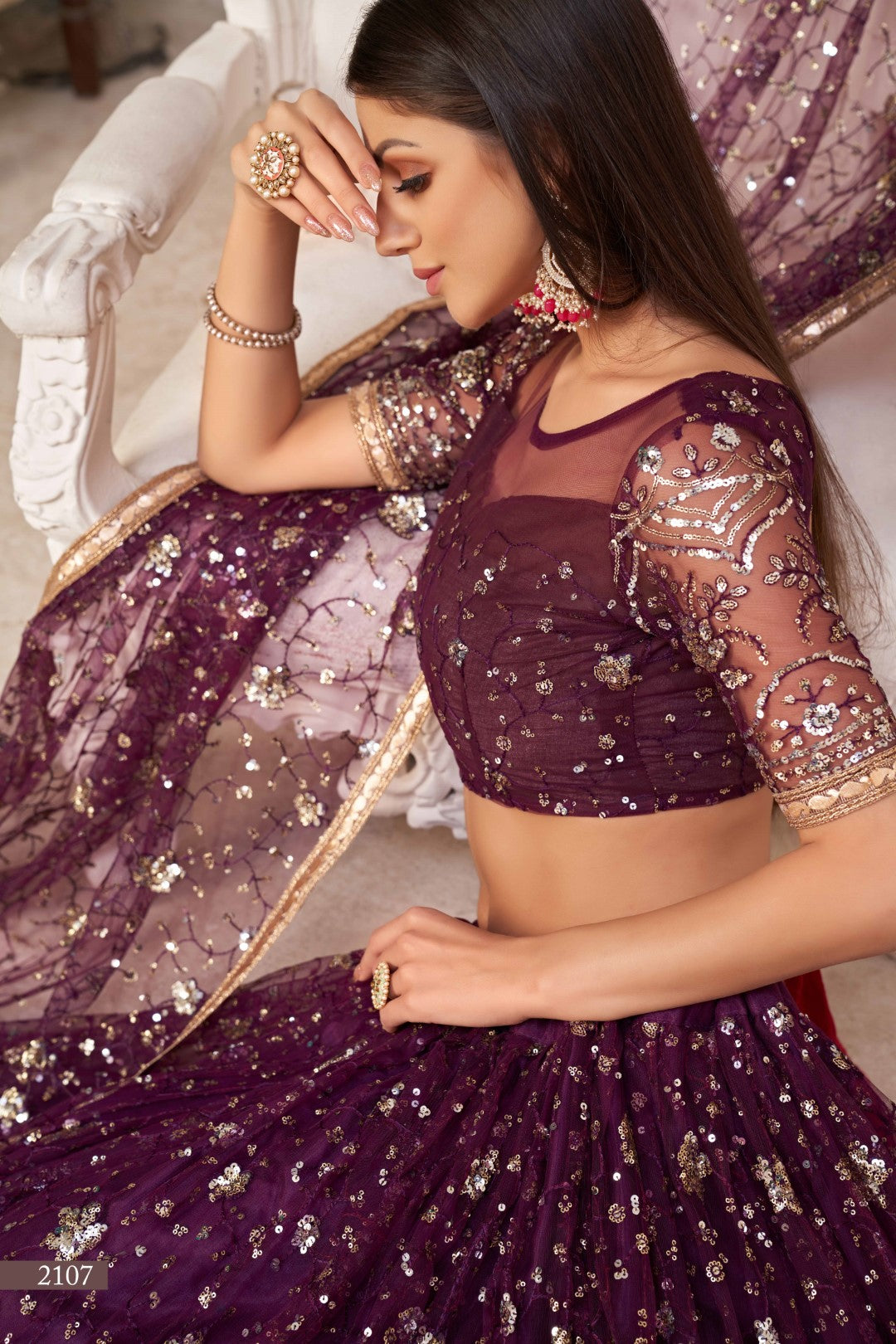 Women's Violet Net Thread Embroidery Lehenga Set