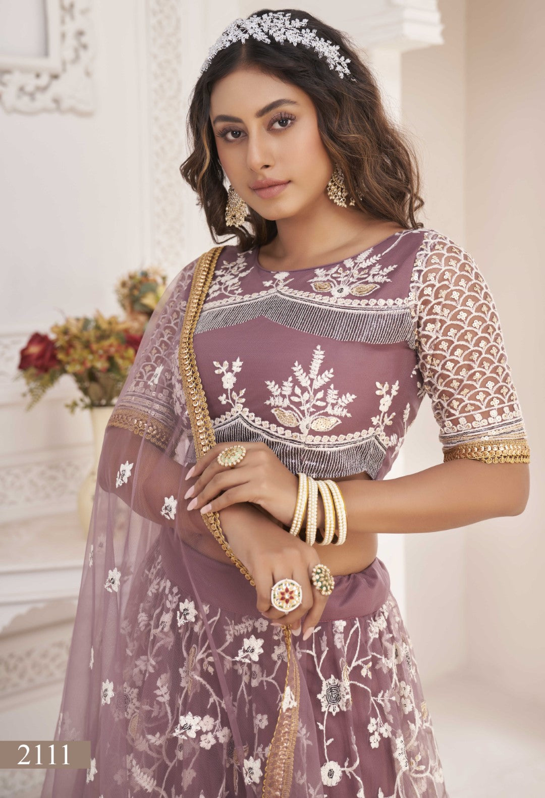 Women's Onion Pink Net Thread Embroidery Lehenga Set