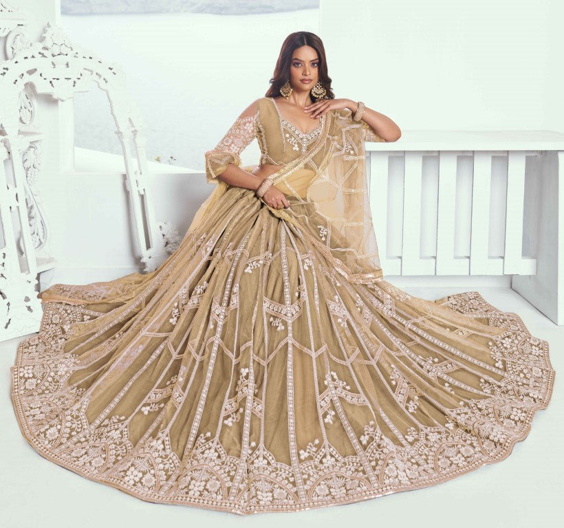 Women's Beige Net Thread Embroiderey With All Over Sequins Work Lehenga Sets