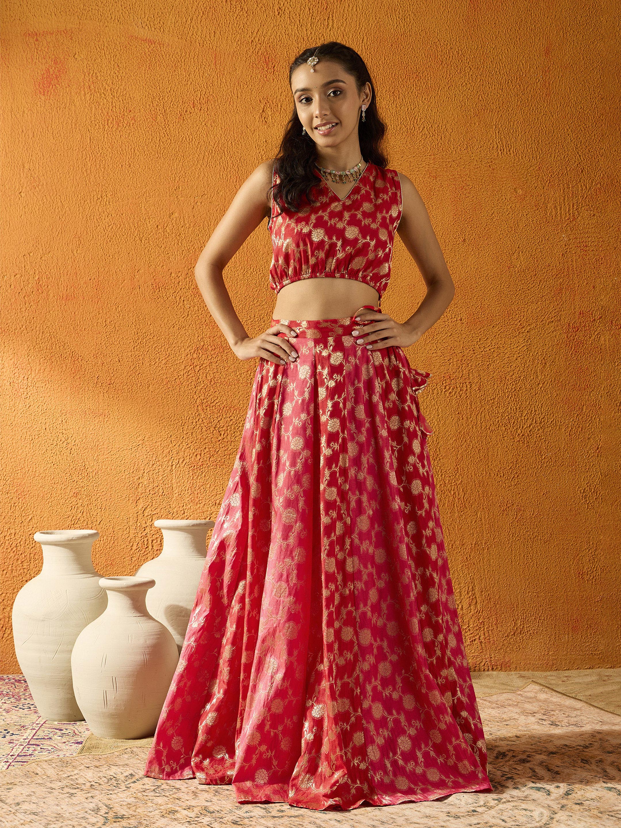 Girl's Red Crop Top Lehenga Set