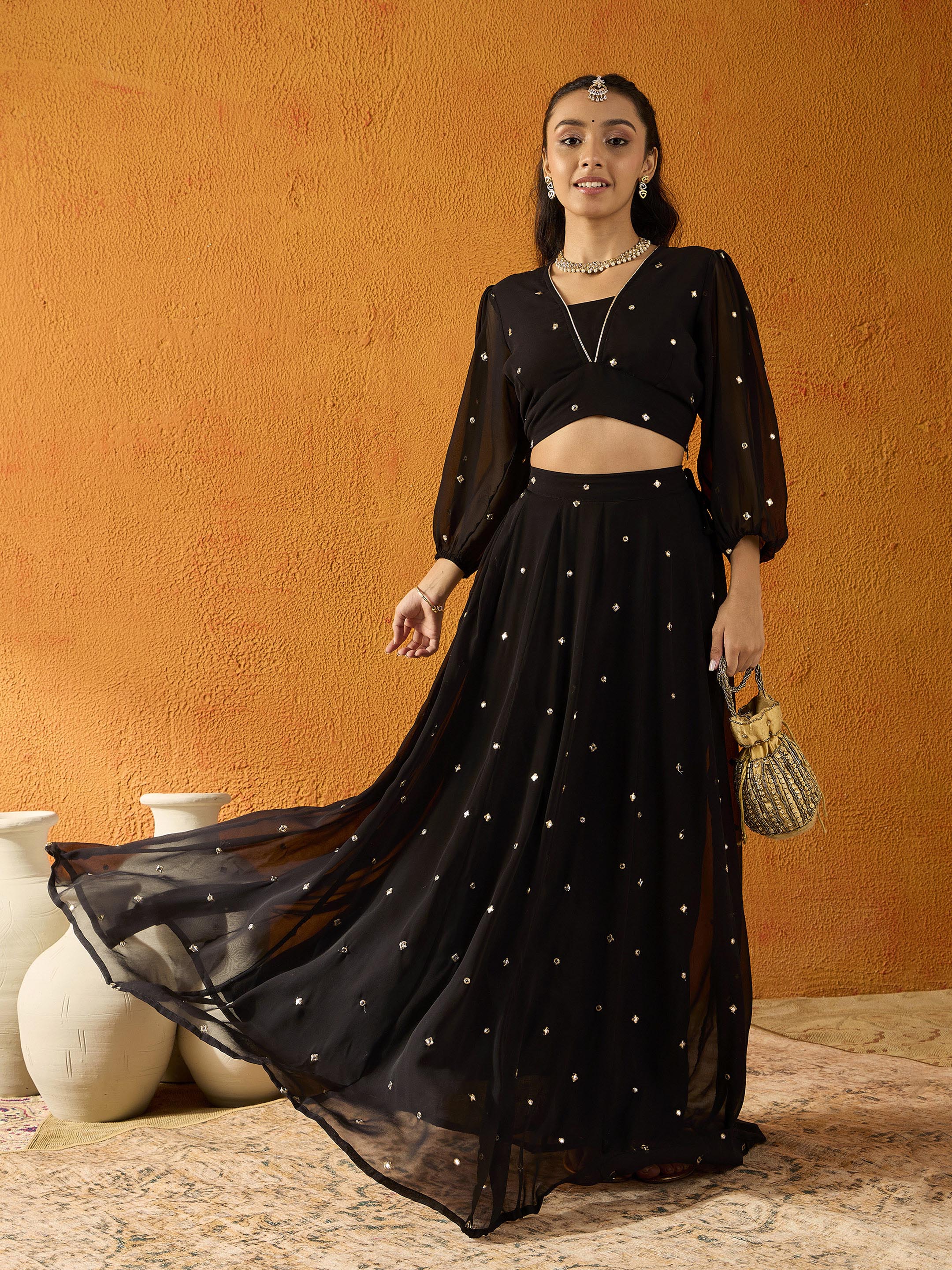 Girl's Black Embroidered Lehenga Set