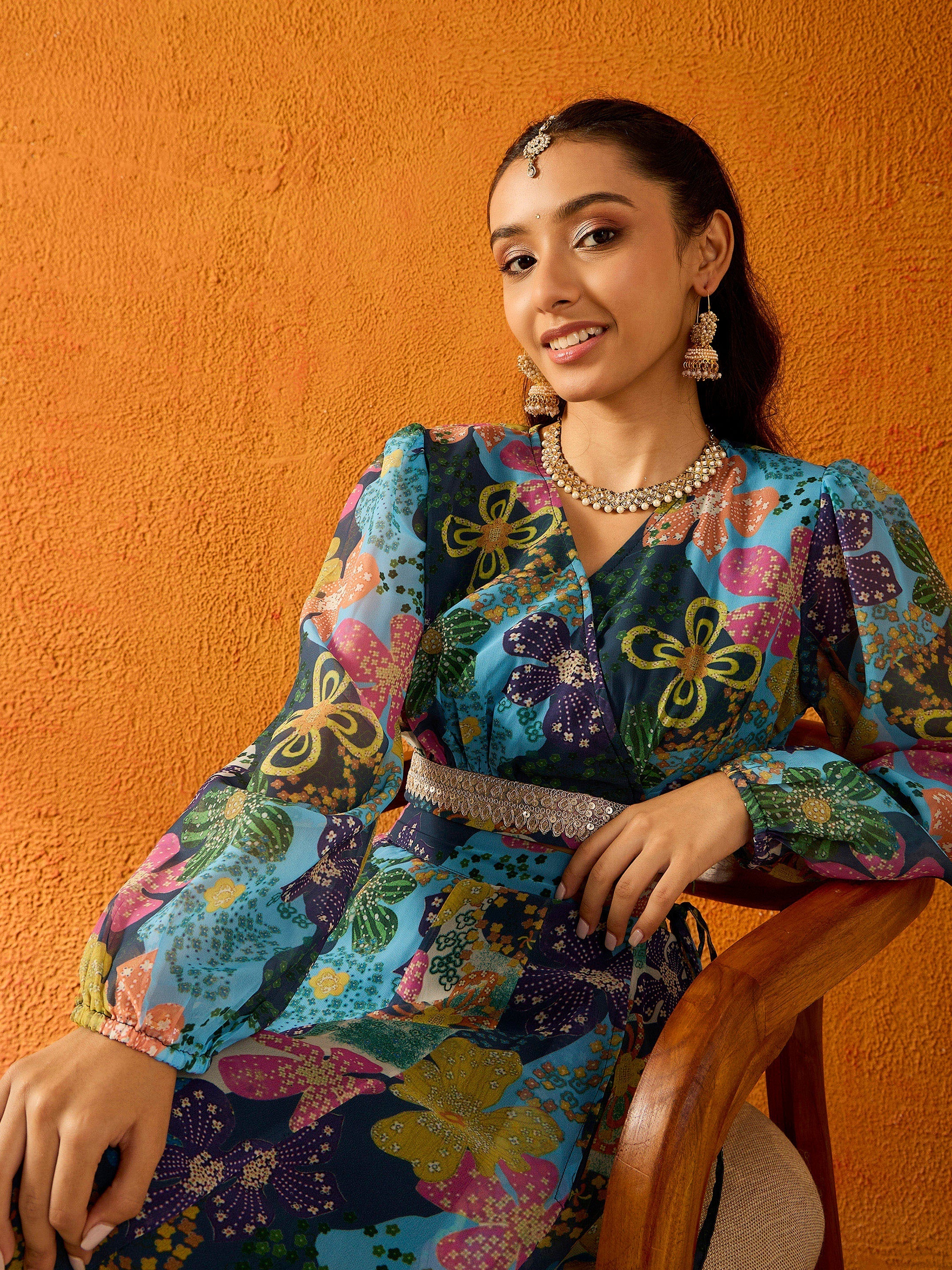 Girl's Blue Floral Lehenga Set