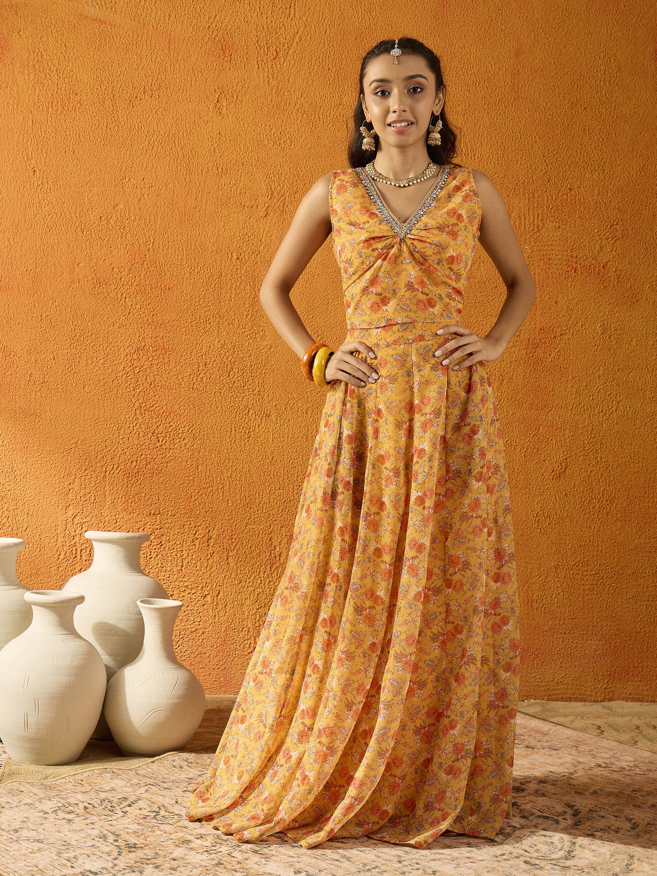 Girl's Yellow Floral Lehenga Set