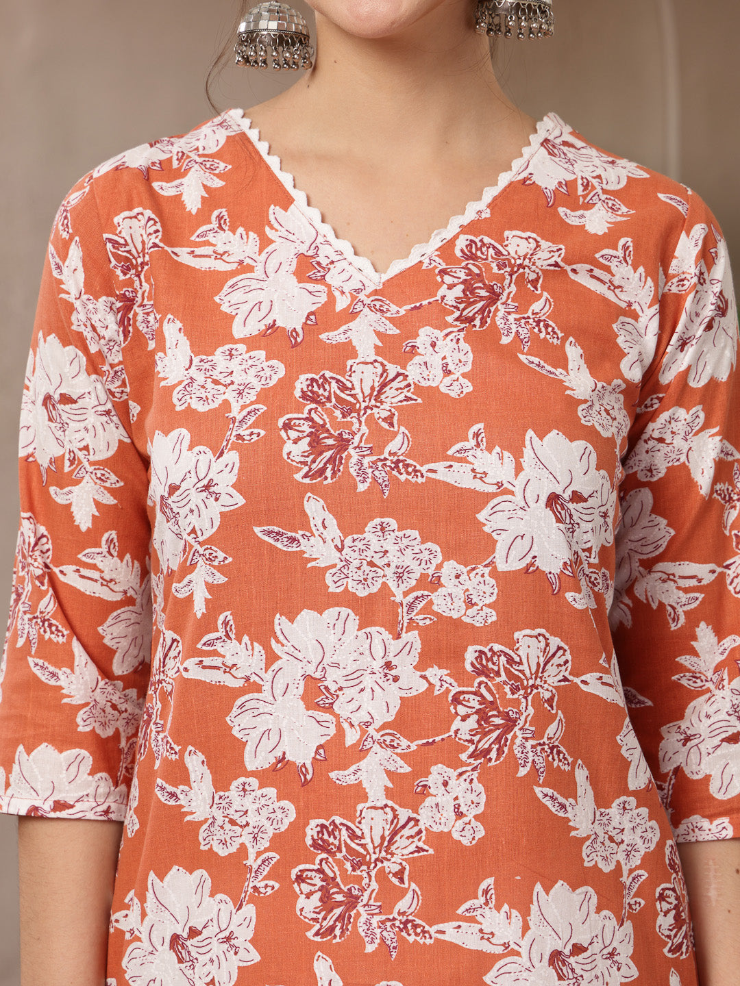 Women's Orange Floral Printed Cotton Straight Kurta