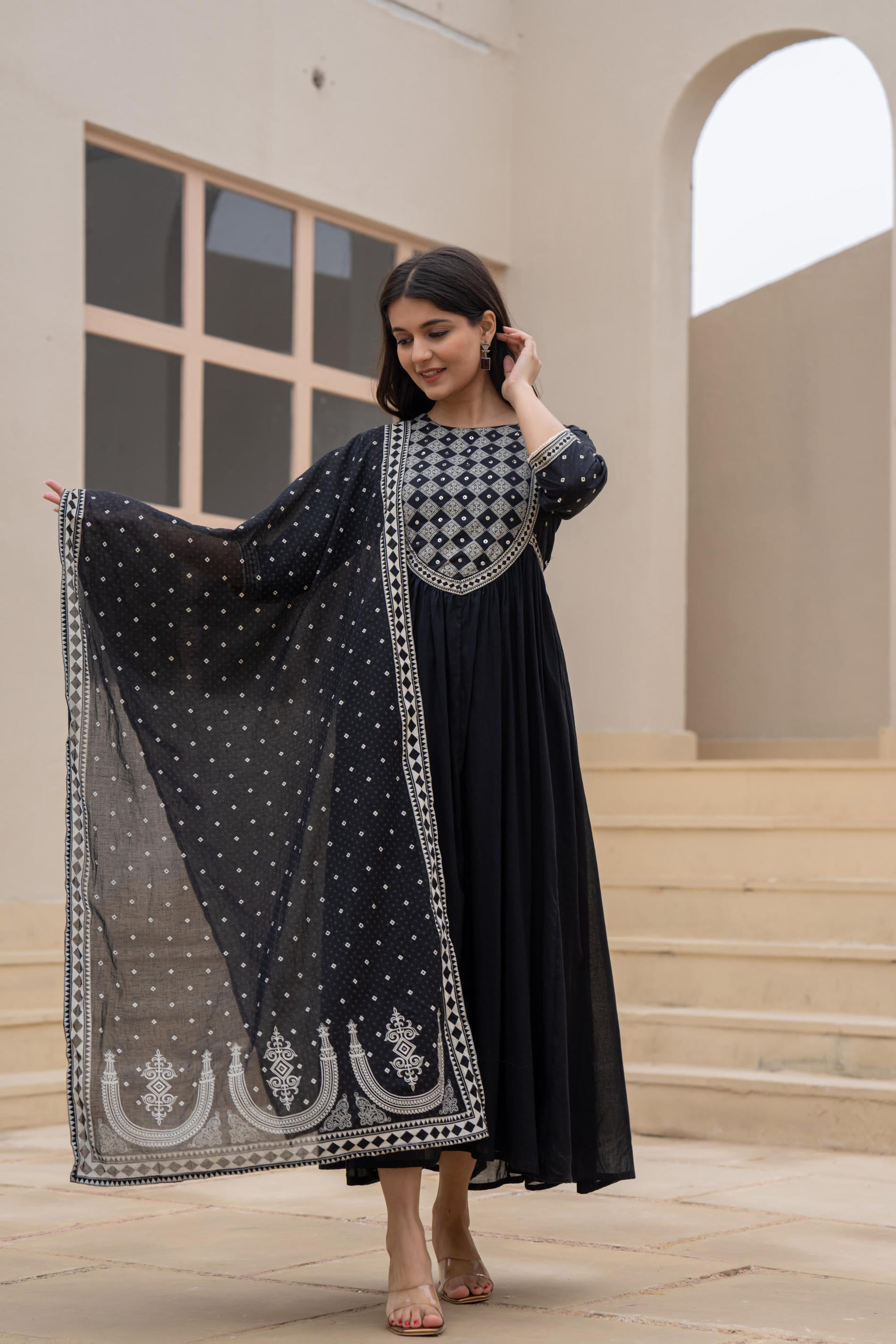 Women's Black Anarkali Dress With Embroidered Dupatta