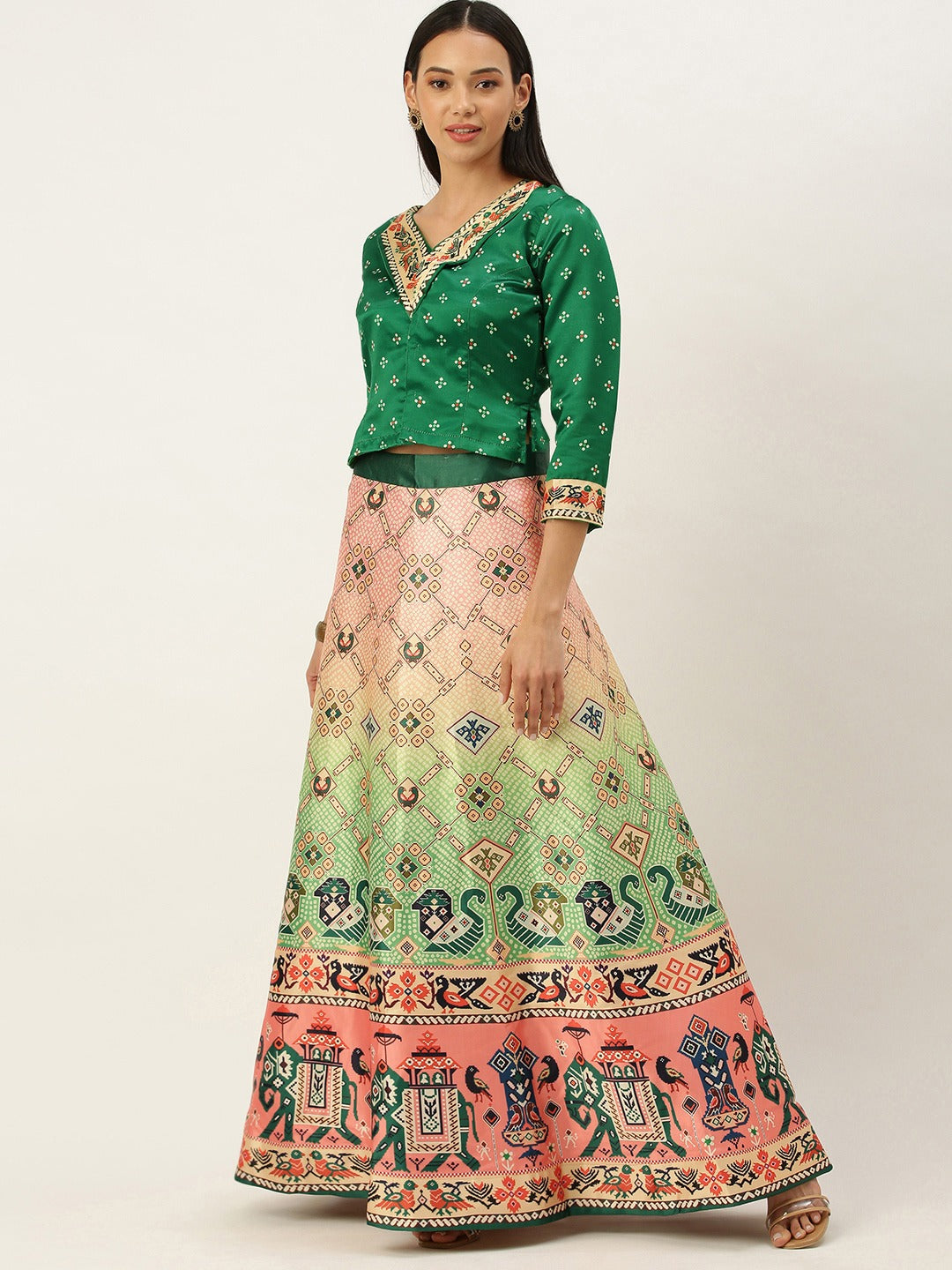 Women's Bandhni Patola Type Digital Print Shiney Satin Croptop Lehenga Choli With Unstitched Blouse