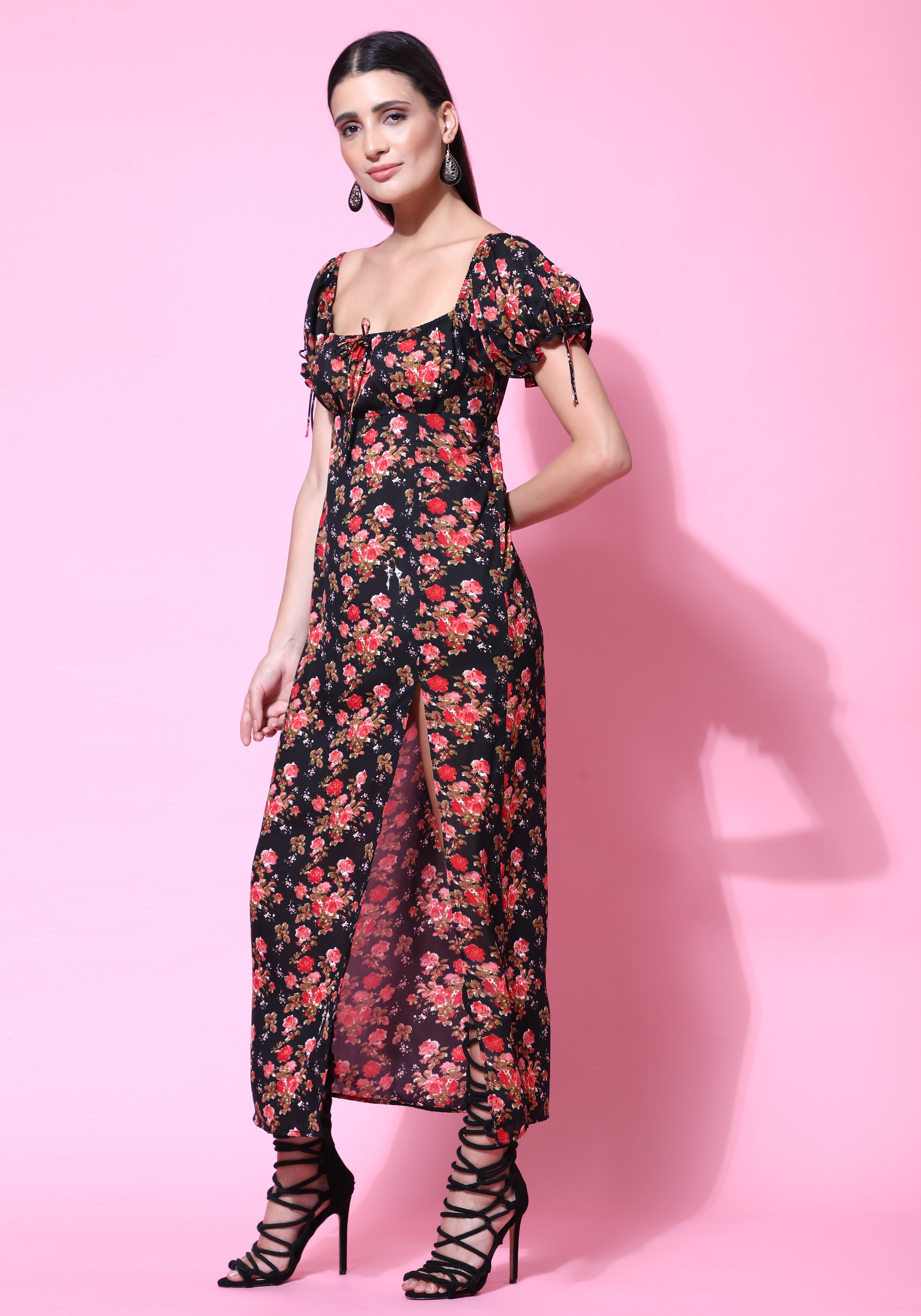 square neck puff sleeve maxi dress Red Toile Maxi Dress Square Neck, Puff Sleeves, Fully Lined Chiffon Elegance
