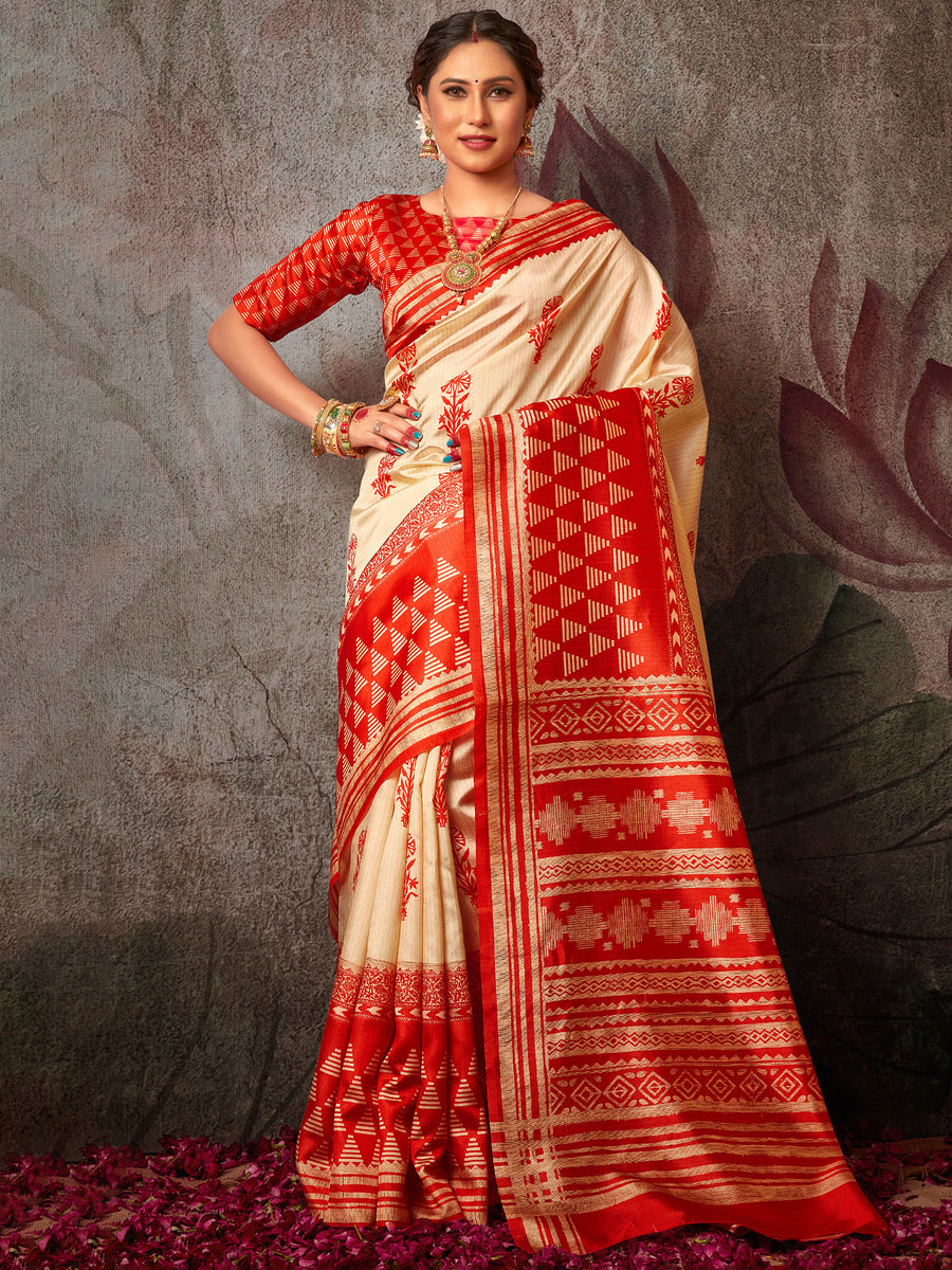 Women's Bhagalpuri Silk White Printed Designer Saree With Blouse Piece