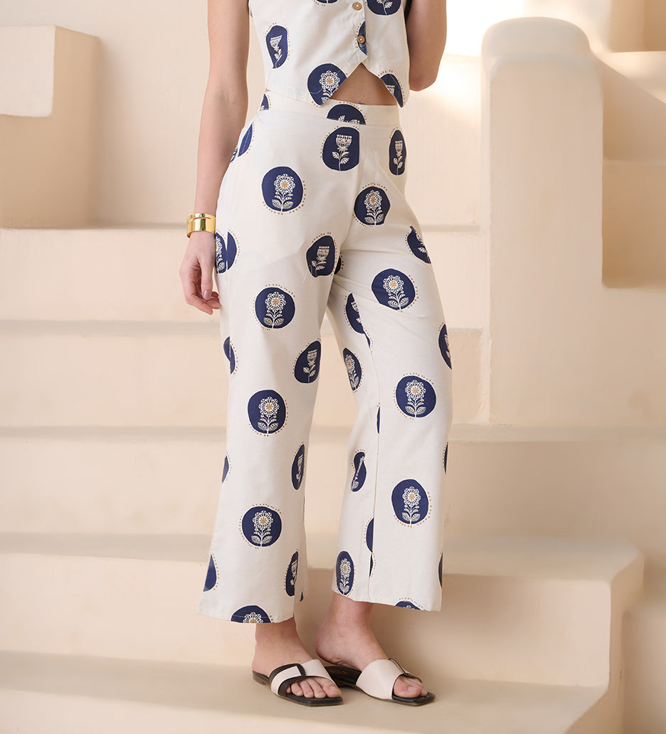 Women's Blue Botanical Printed Cotton Blend Trousers