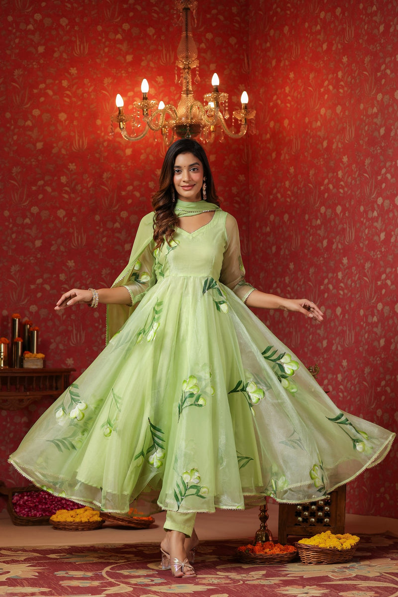green emerald velvet dress Trendy Printed Parrot Green Color Anarkali Gown – Vastra Shop