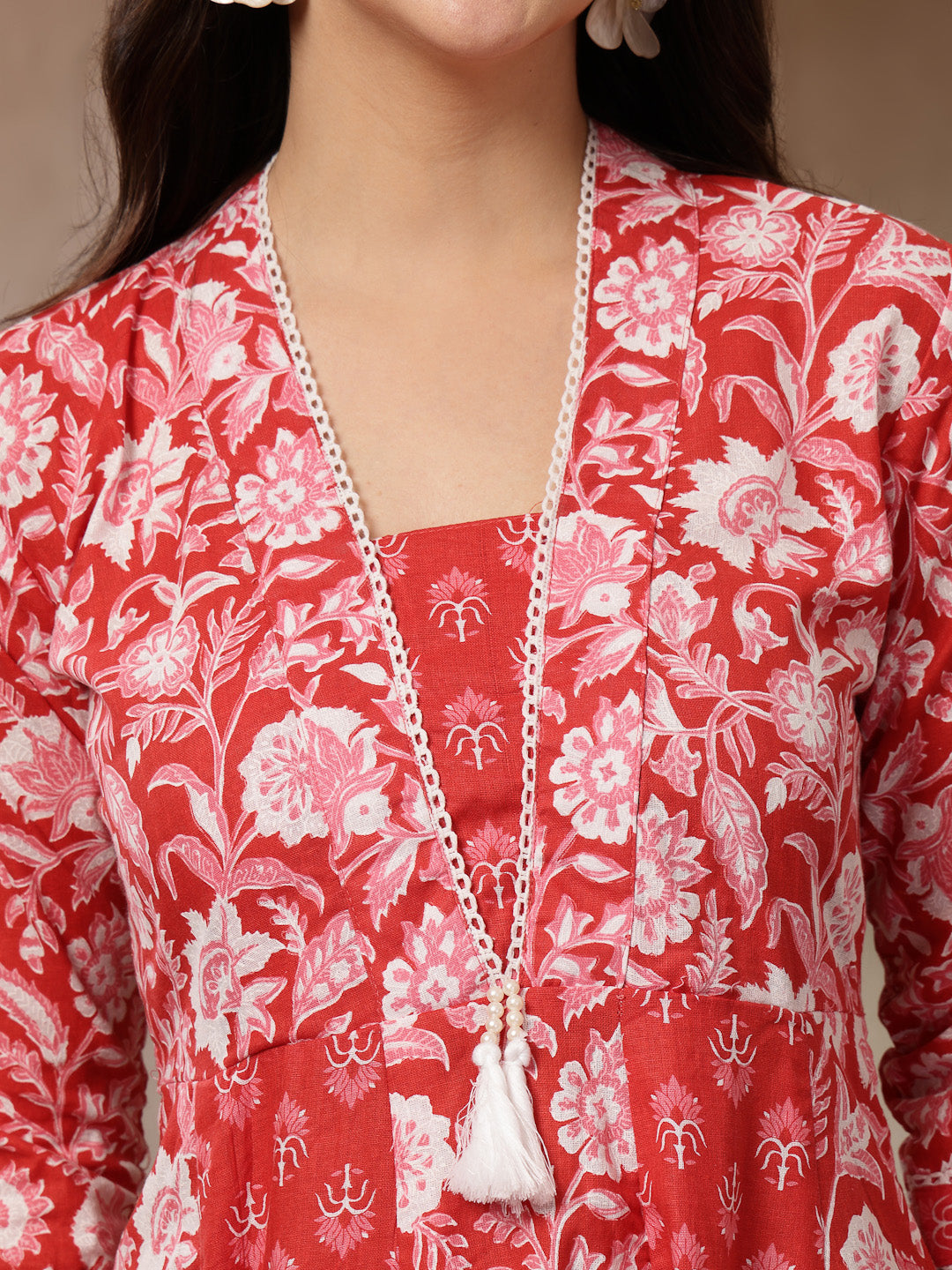 Women's Red Floral Printed Cotton Flared Kurta