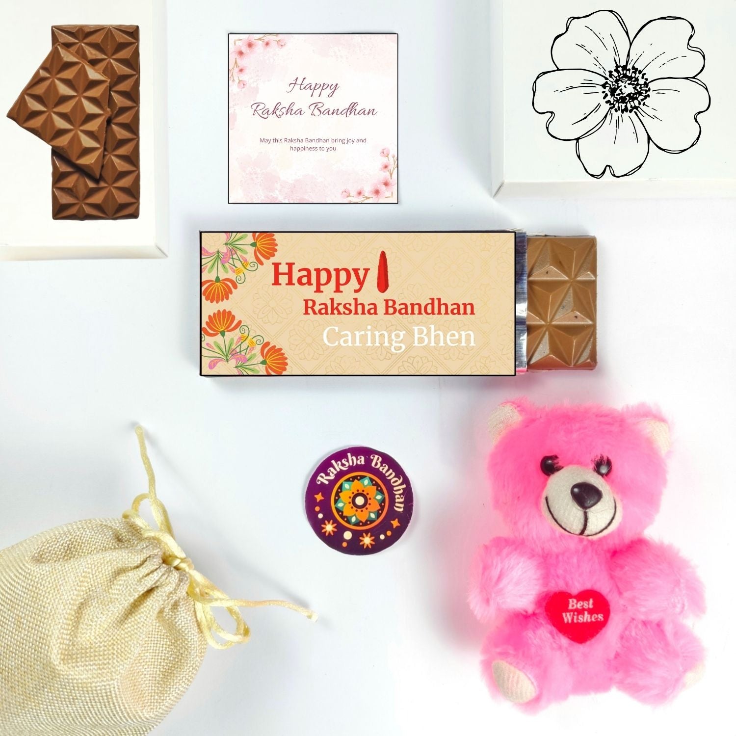 Special Rakshabandhan Hamper For Sister With Caring Bhen Theme 35G Chocolate Bar,Teddy And Greeting Card | Best Gift For Sister