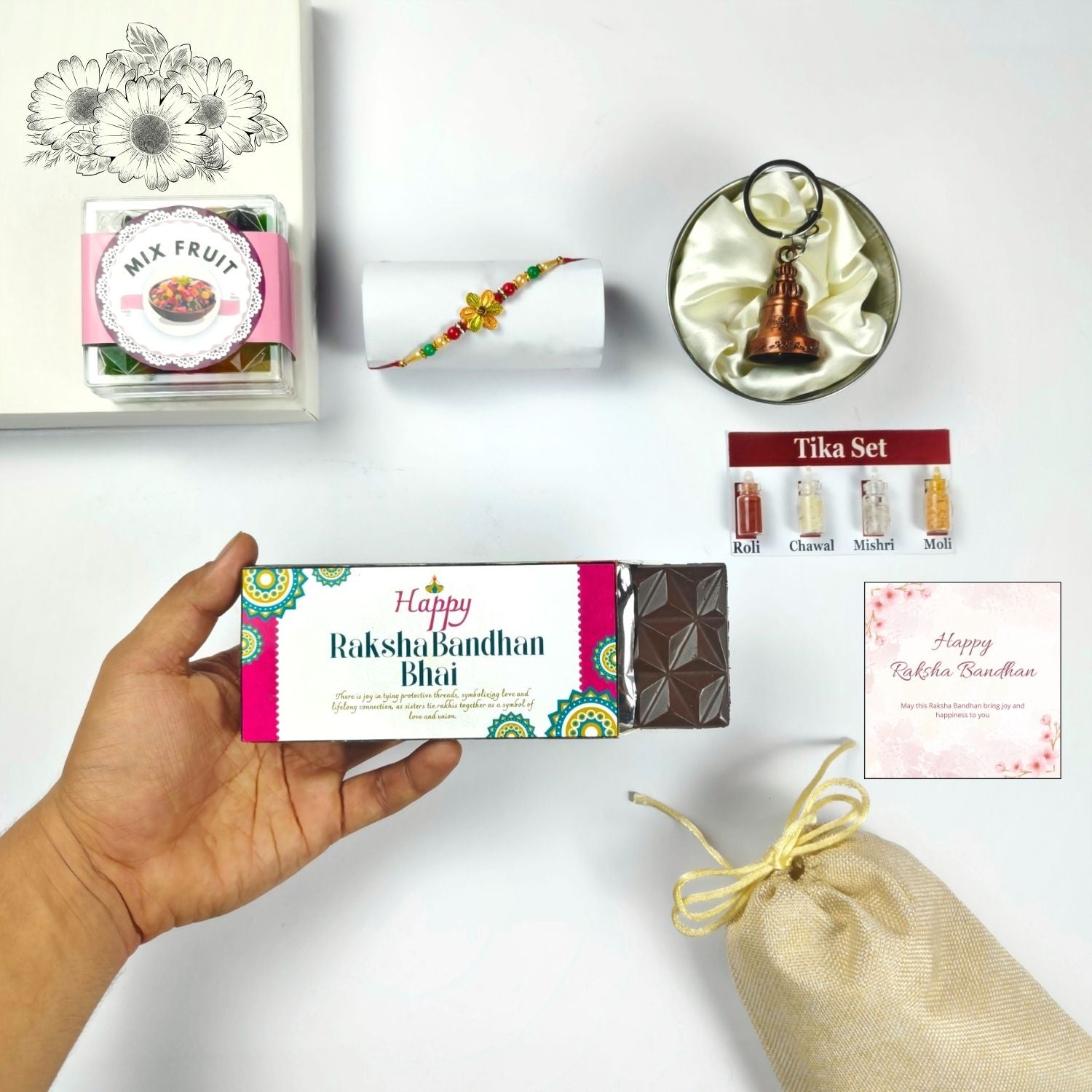 Special Rakhi Gift For Brother , Chocolate Gift Hamper With Rakhi, Tika Set, Guardian Bell, Jute Potli And Greeting |Rakhi Gift For Brother