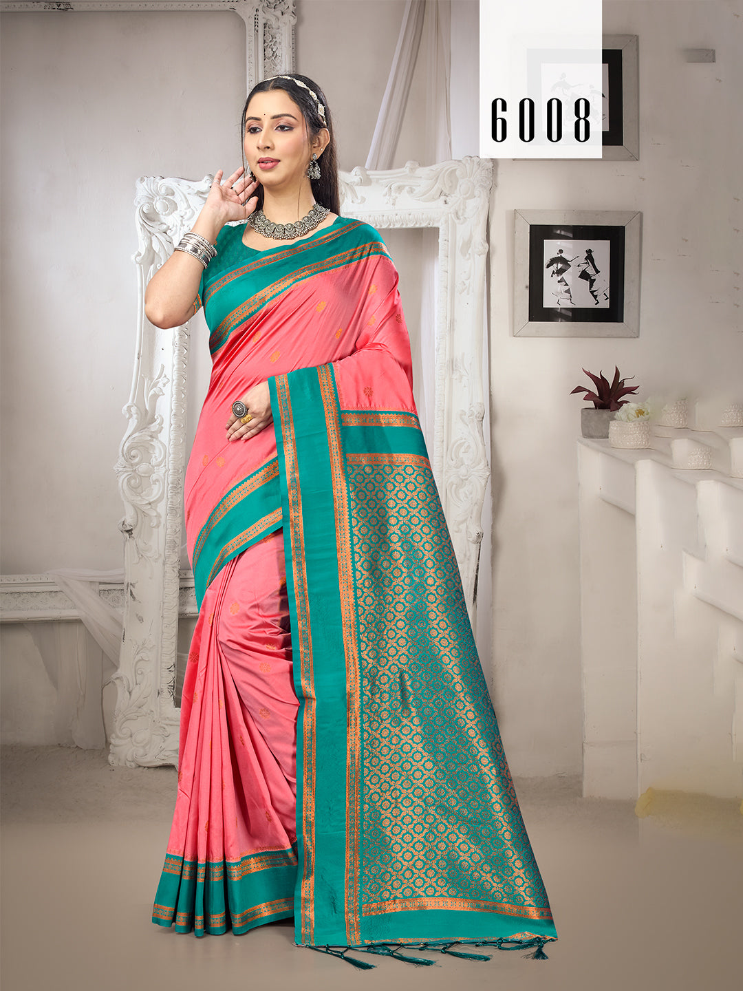 Women's Dark Peach Silk Woven Work Traditional Saree