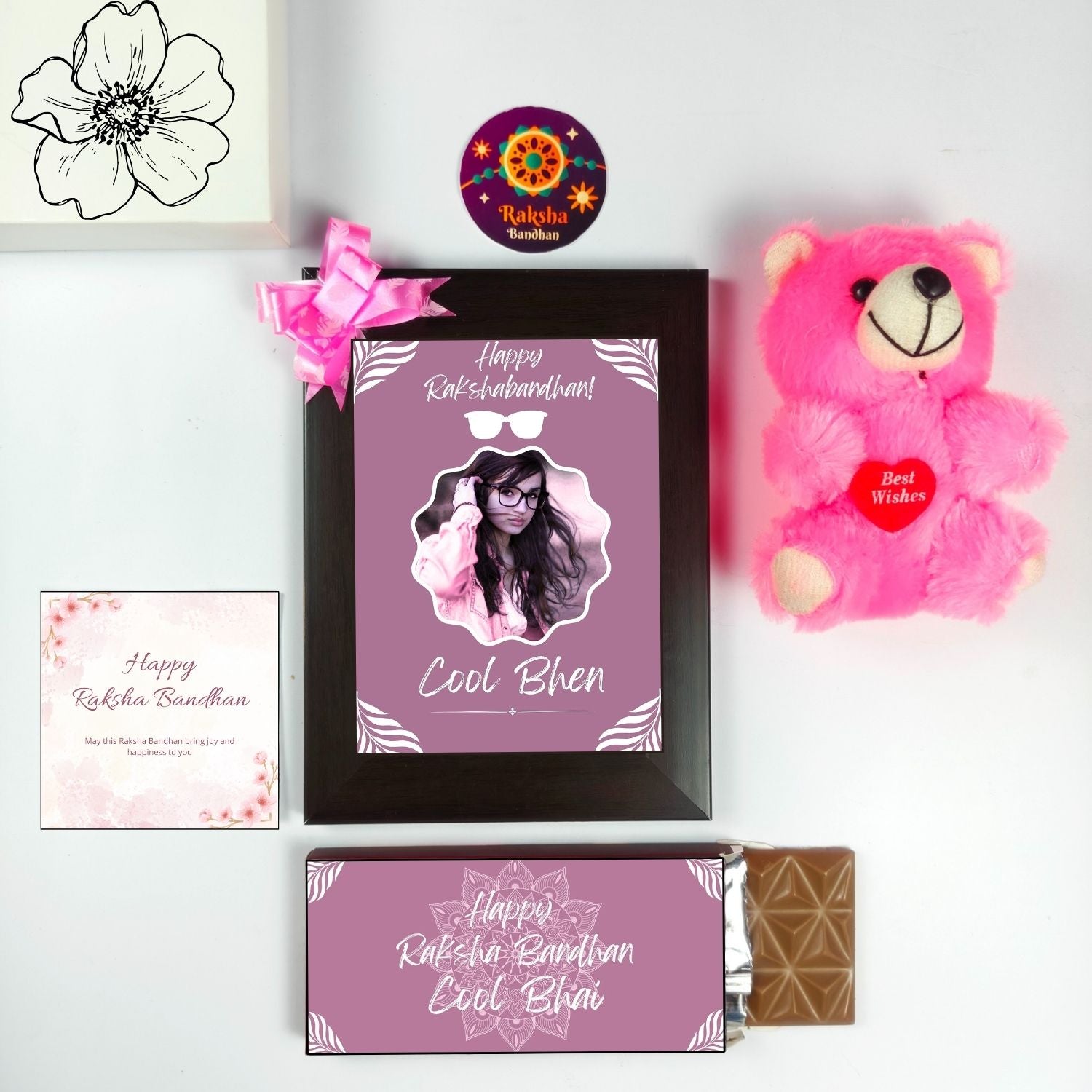 Special Customised Rakhi Gift For Sister Kids, Rakshabandhan Gift For Bhen With Cool Bhen Theme 35G Chocolate Bar, Customized Photo Frame, Teddy And Greeting Card | Unique Rakshabandhan Combo For Sister