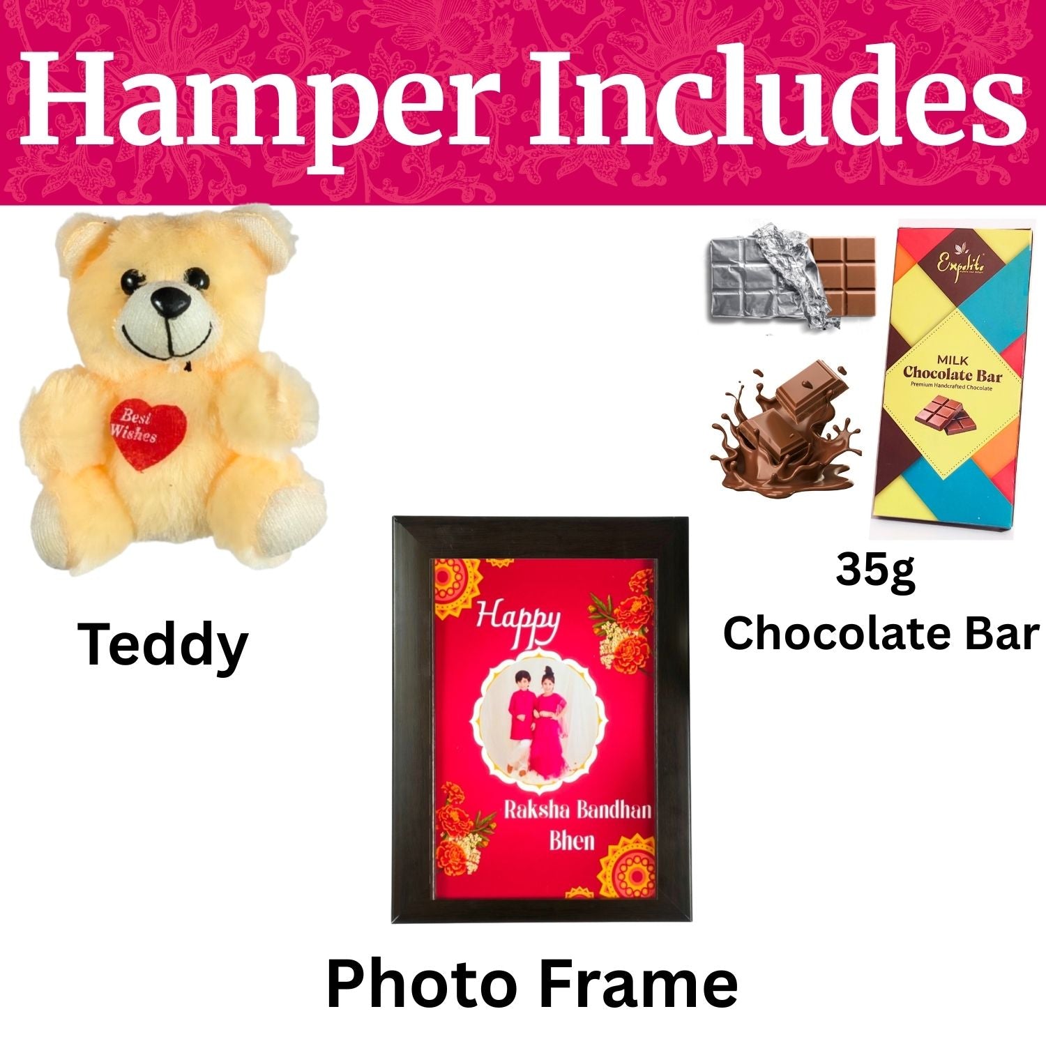 Best Personalized Rakshabandhan Gift For Sister, Rakhi Chocolate Gift For Bhen With 35G Chocolate Bar,Customized Photo Frame, Teddy And Greeting Card | Unique Rakshabandhan Combo For Sister