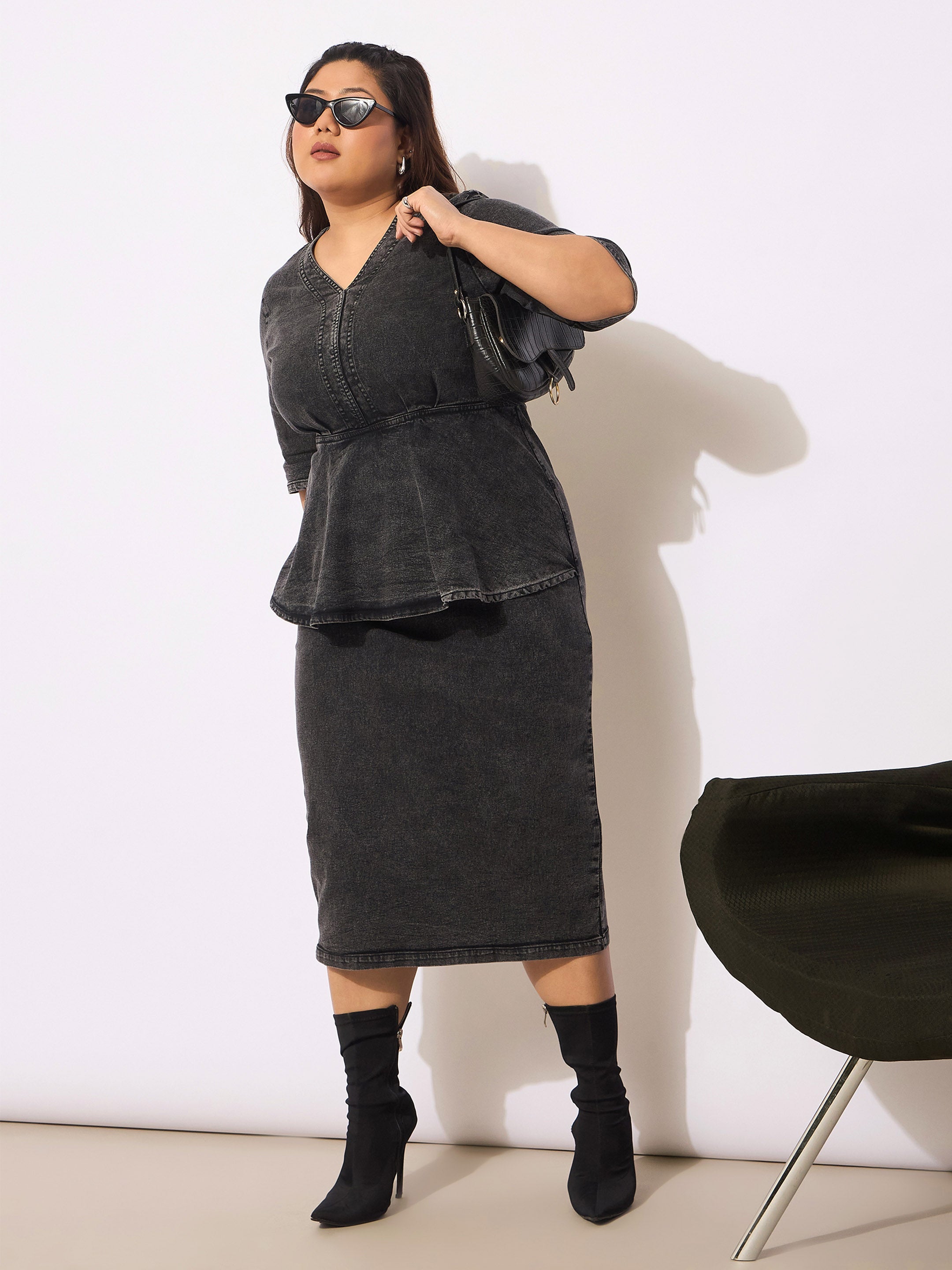 Women's Black Denim V Neck Front Peplum Dre