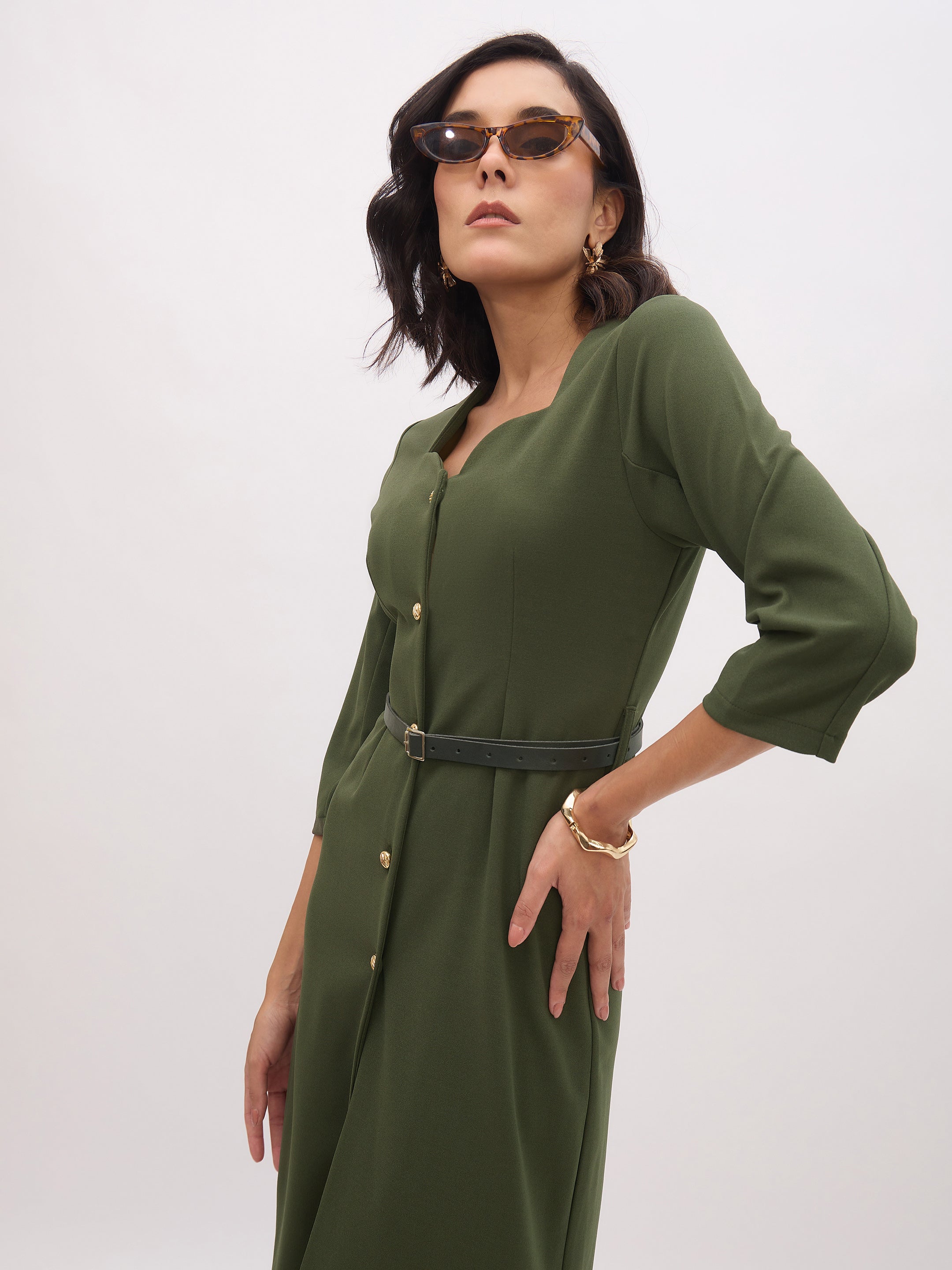 Women's Olive Sweetheart Neck Midi Dress With PU Belt