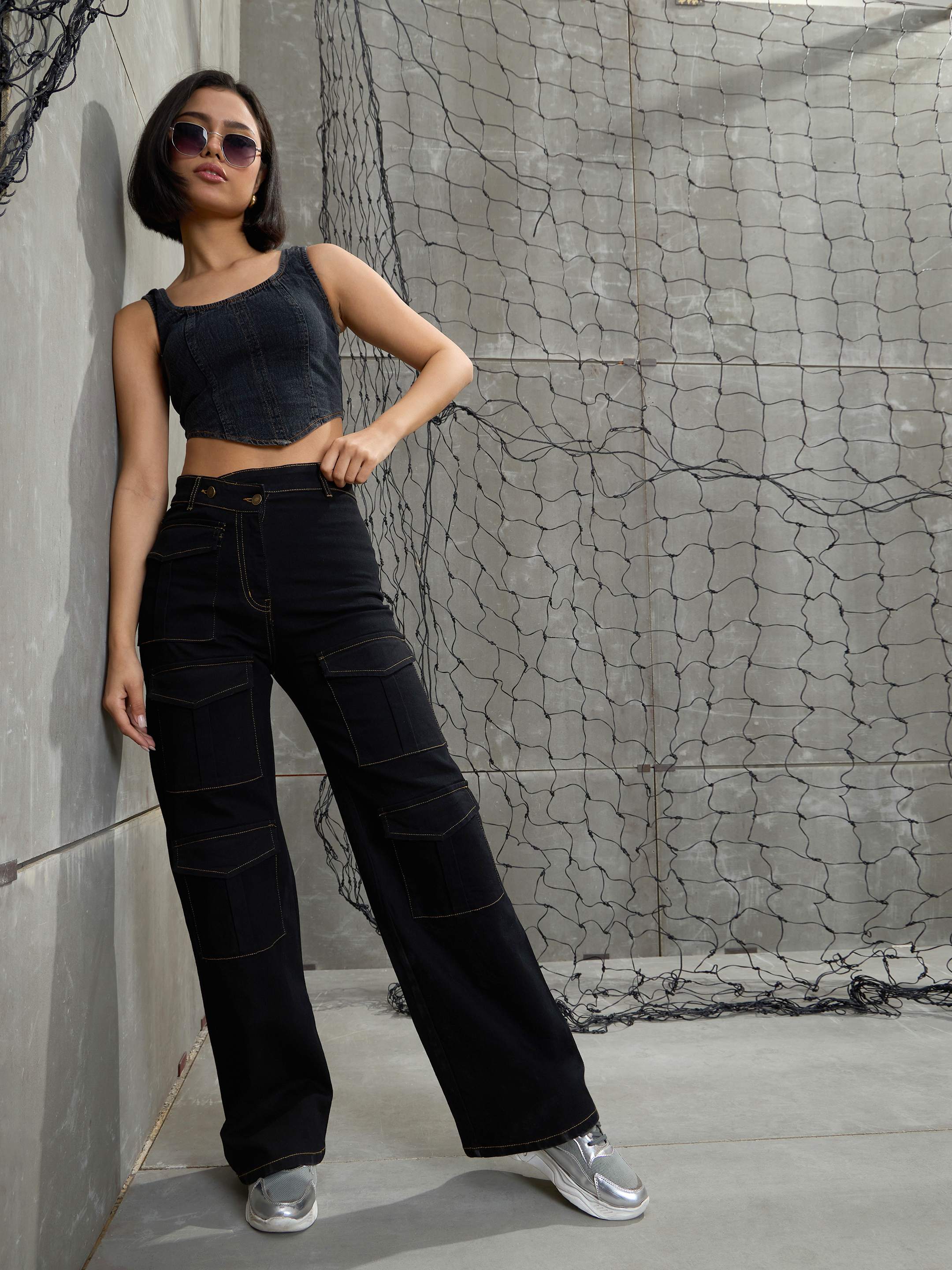 Women's Black Cargo Straight Jea