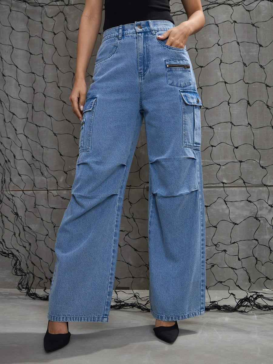 パンツ BORDERS at BALCONY 5 POCKETS DENIM PANTS Women's Blue Denim Pleated Knee Cargo Jea – Trendia