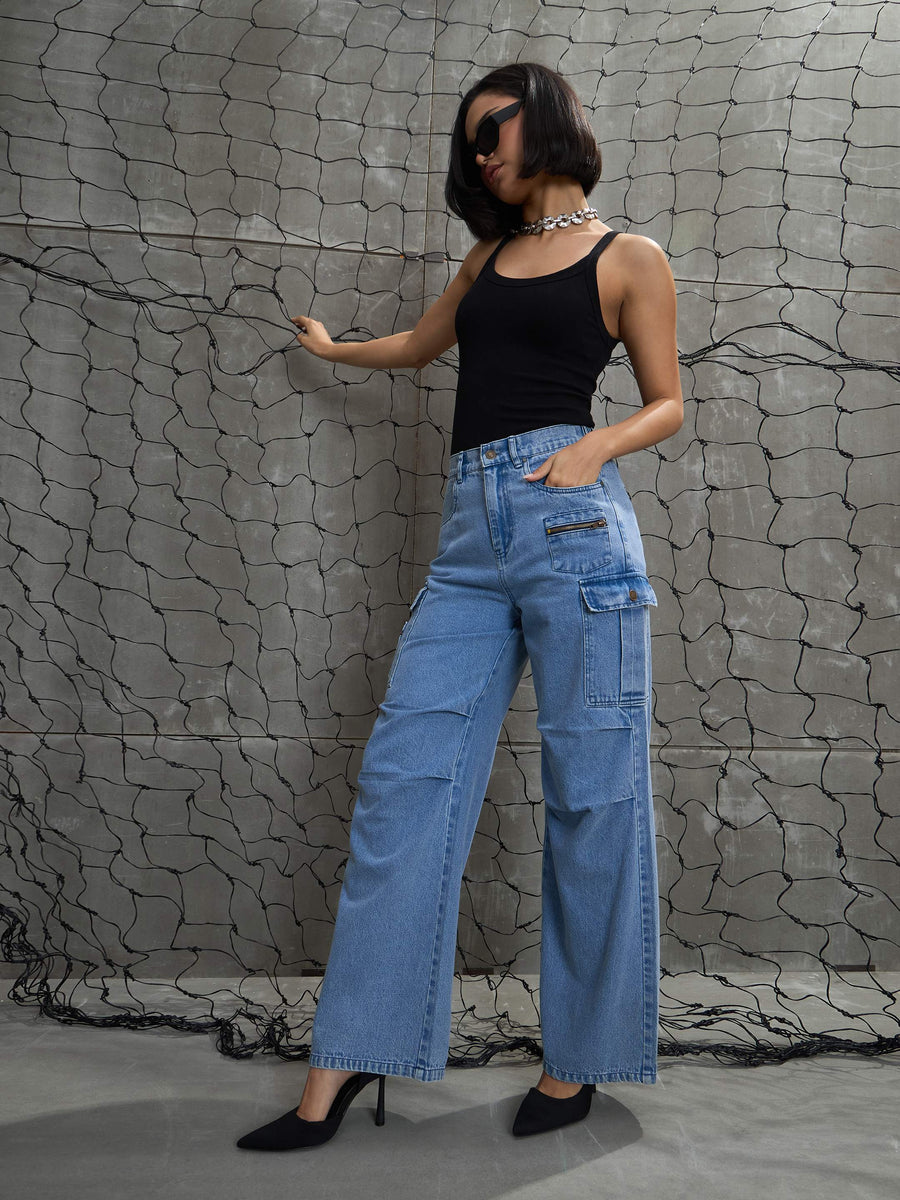 Women's Blue Denim Pleated Knee Cargo Jea – Trendia