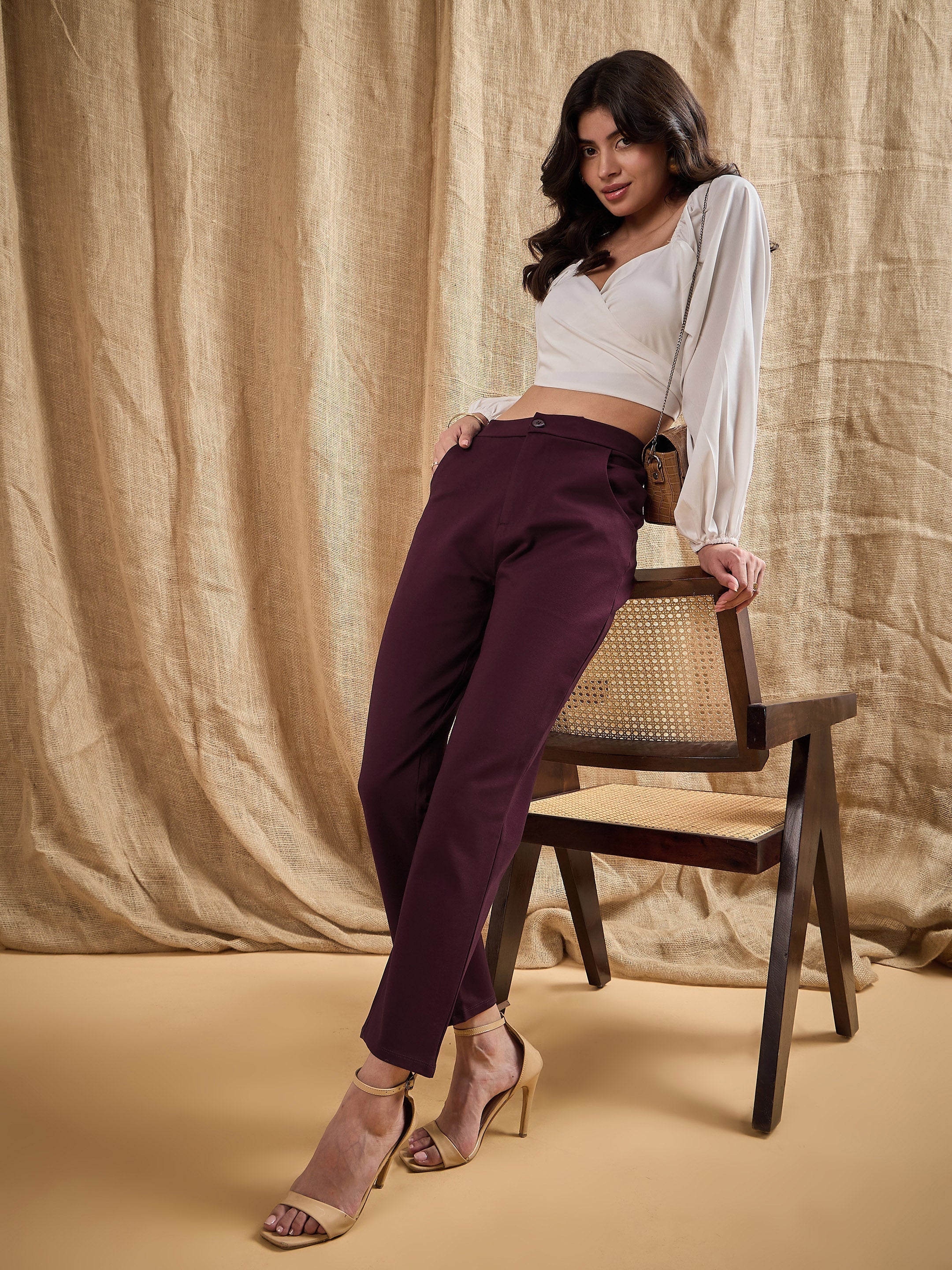 Women's Burgundy Solid Pant