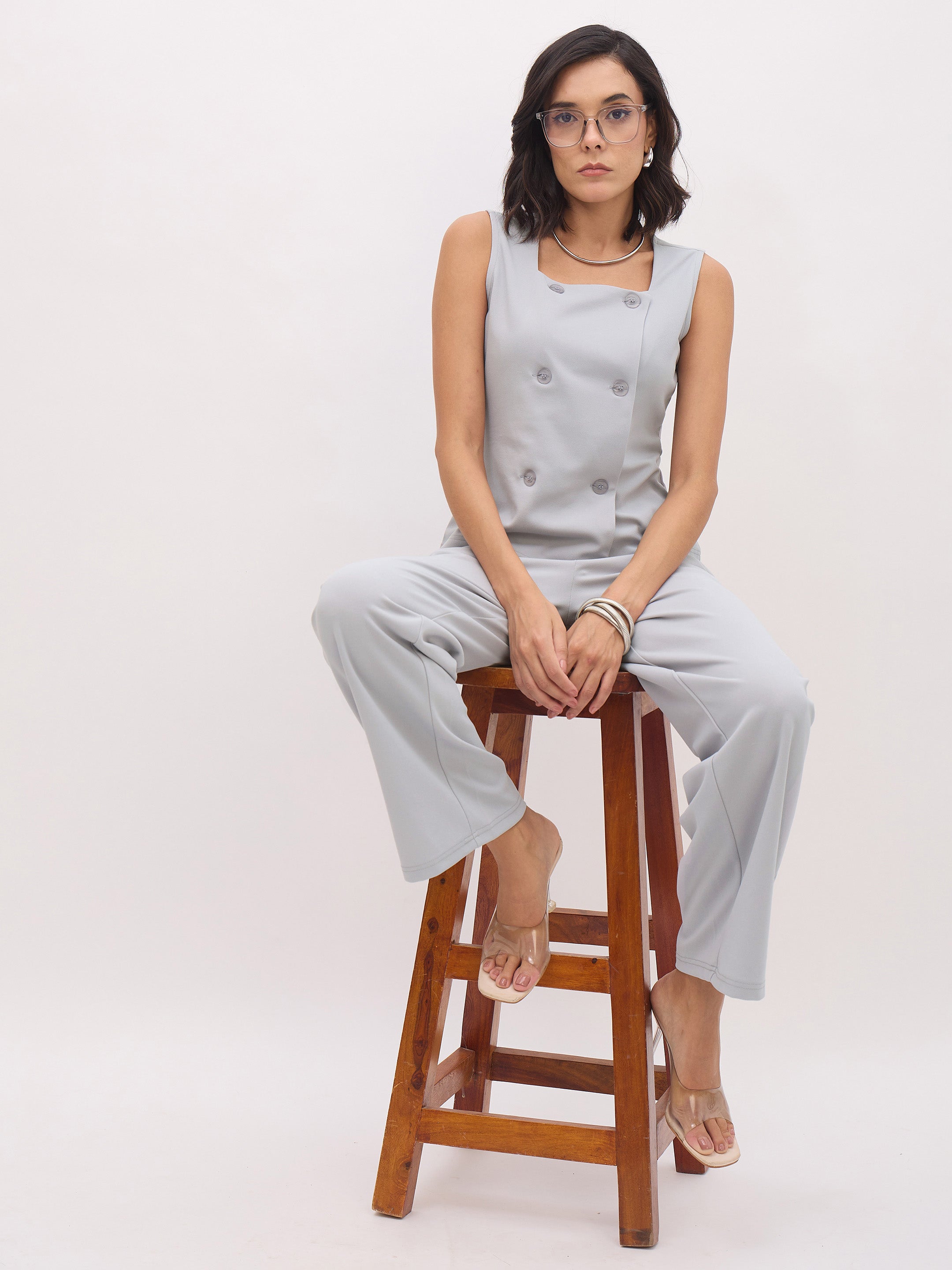 Women's Grey Sleeveless Button Top With Straight Pants