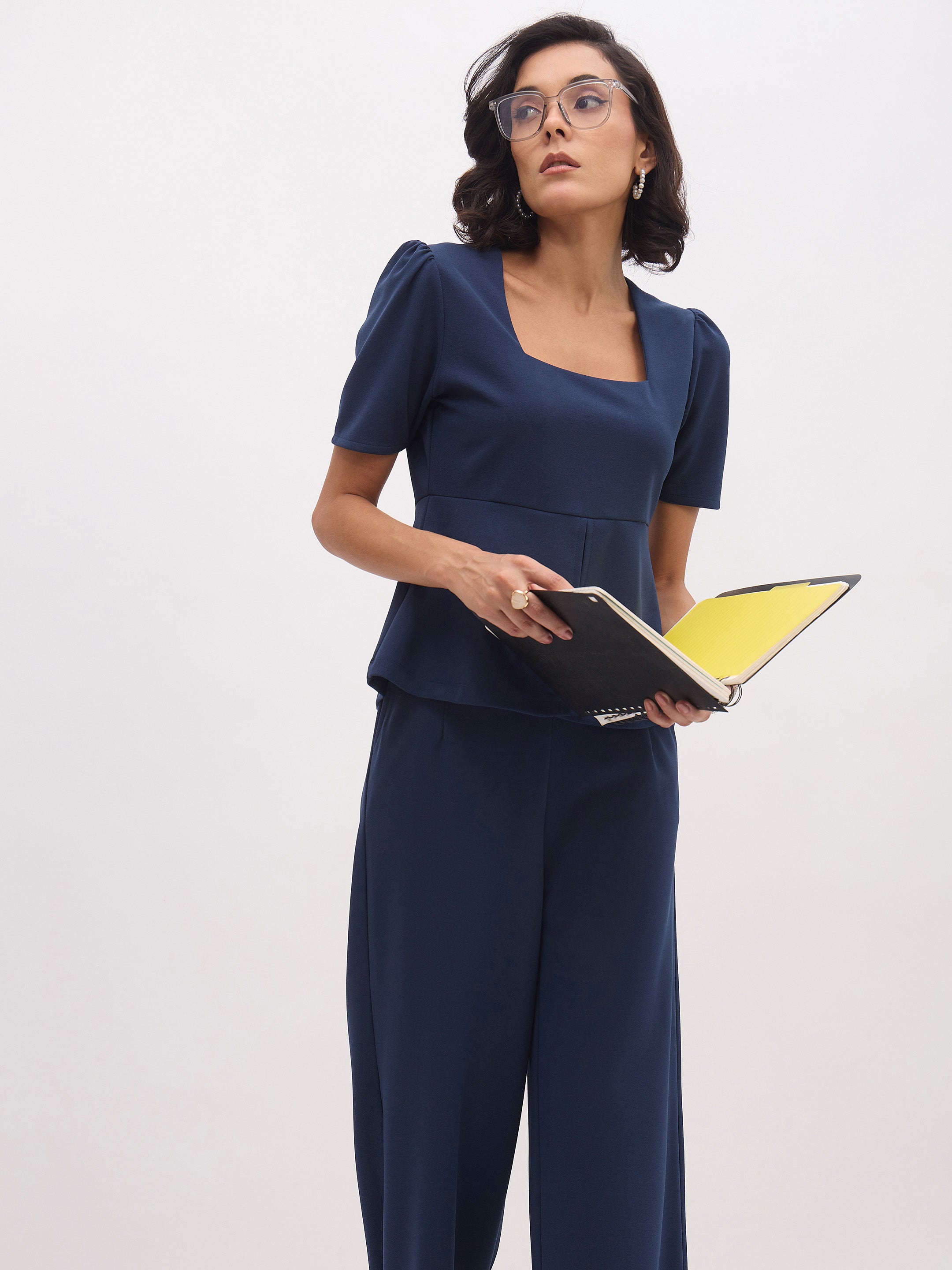Women's Blue Front Slit Top With Straight Pants
