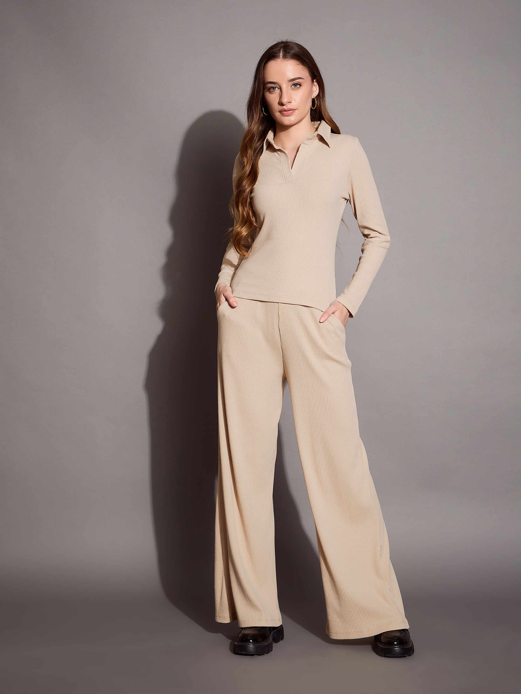 Women's Beige Rib Top