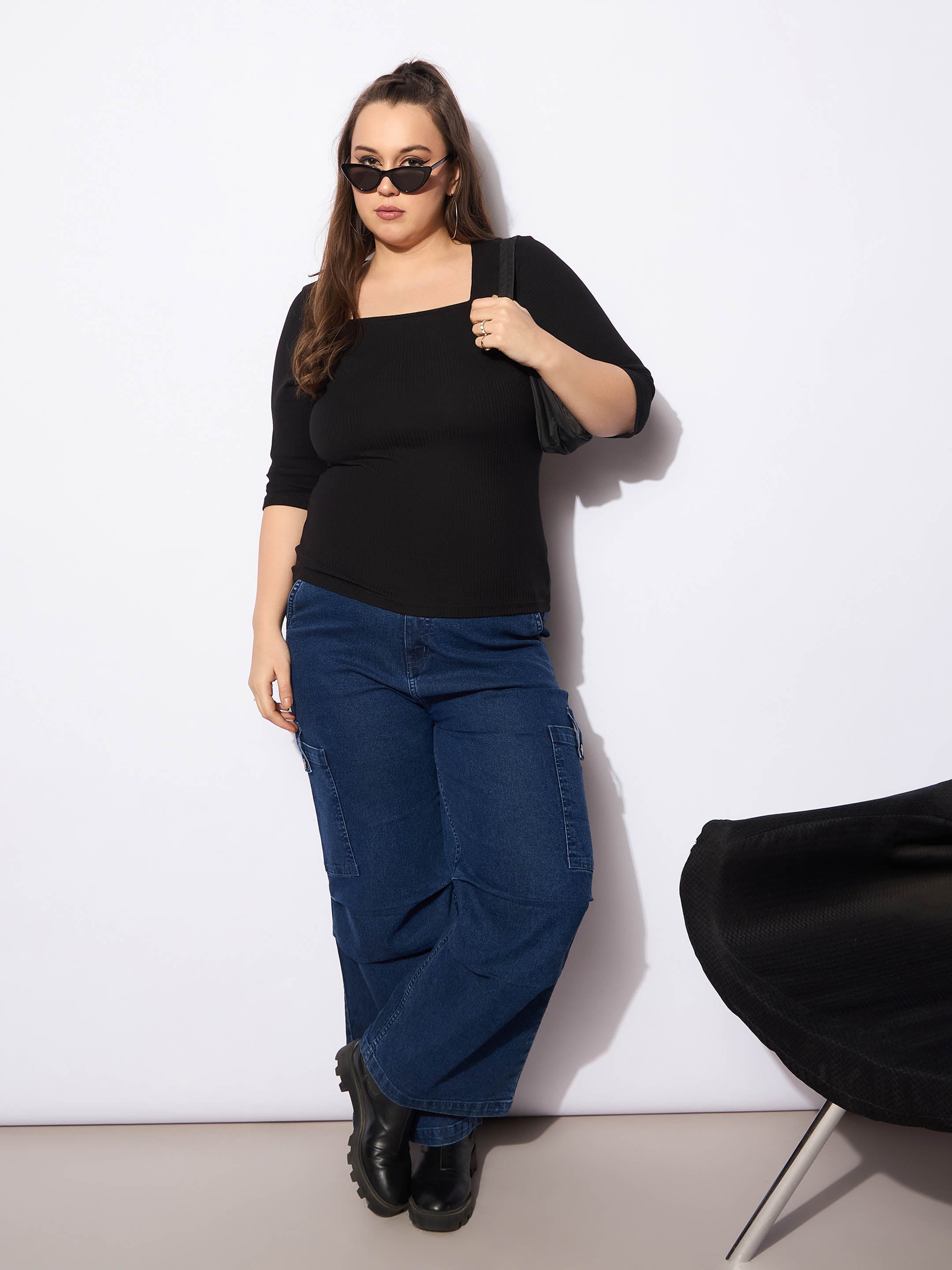 Women's Black Rib Square Neck T