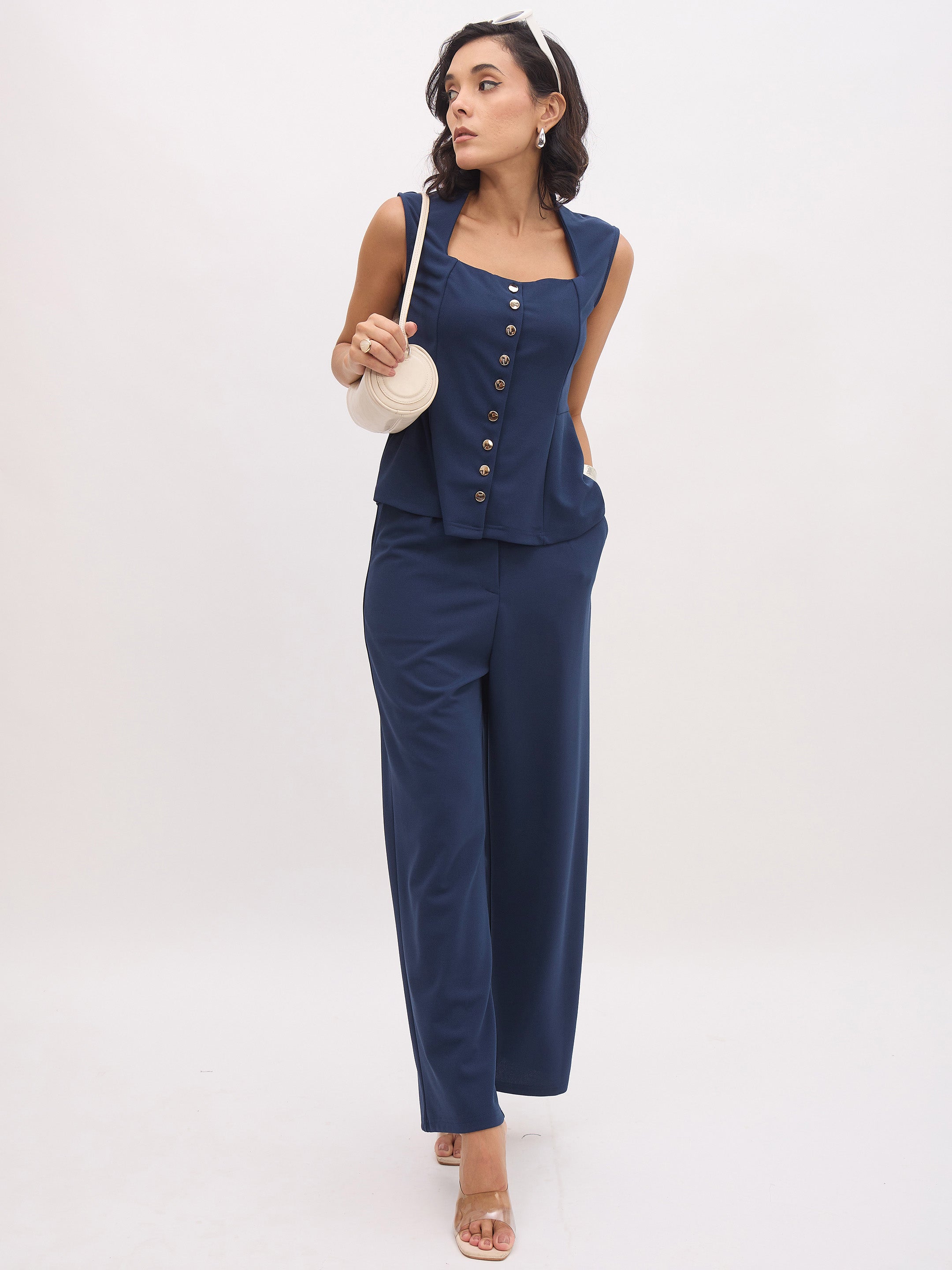 Women's Blue Rhombus Neck Sleeveless Front Button Top