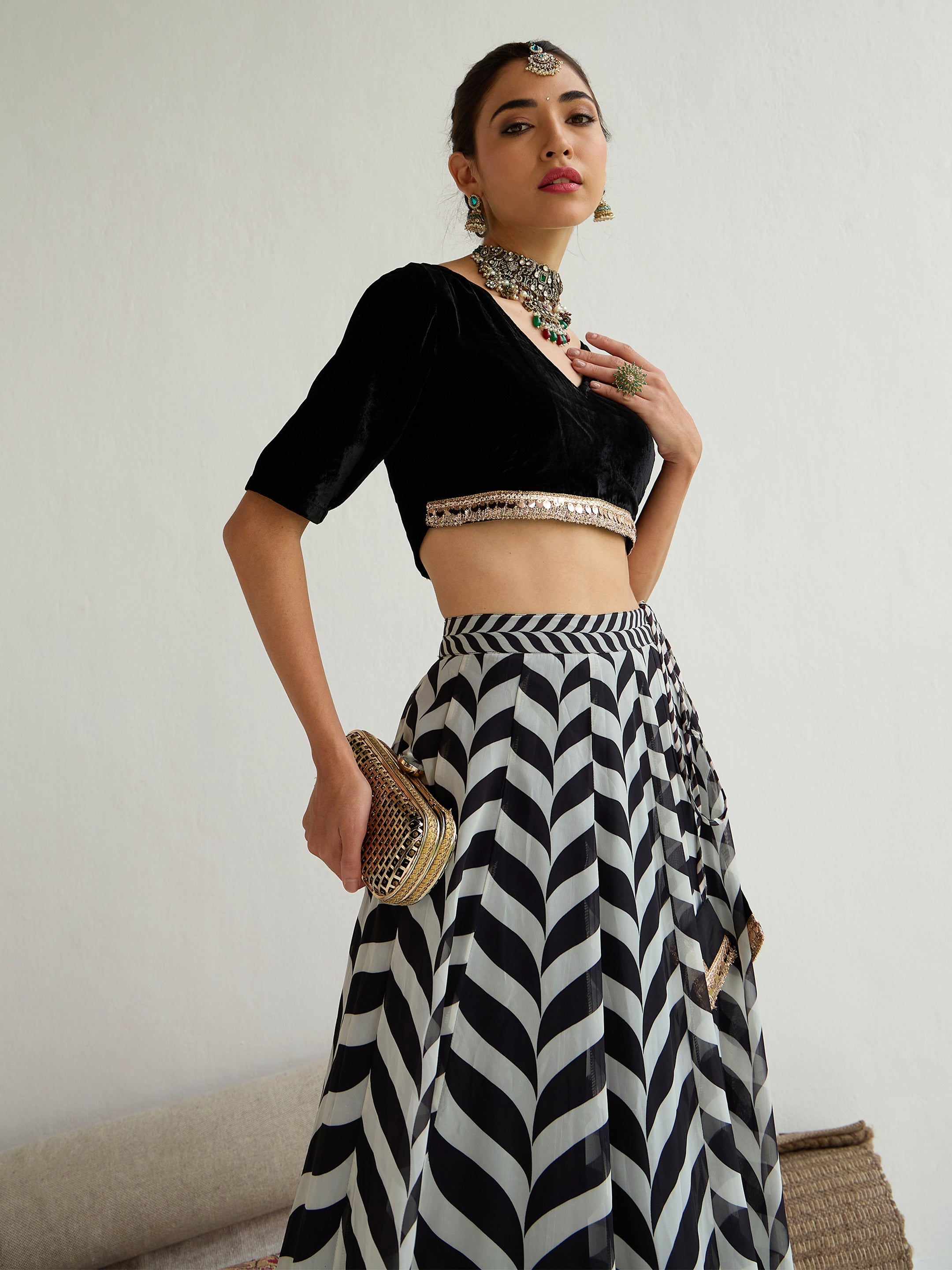 Women's Black Crop Top Lehenga Set