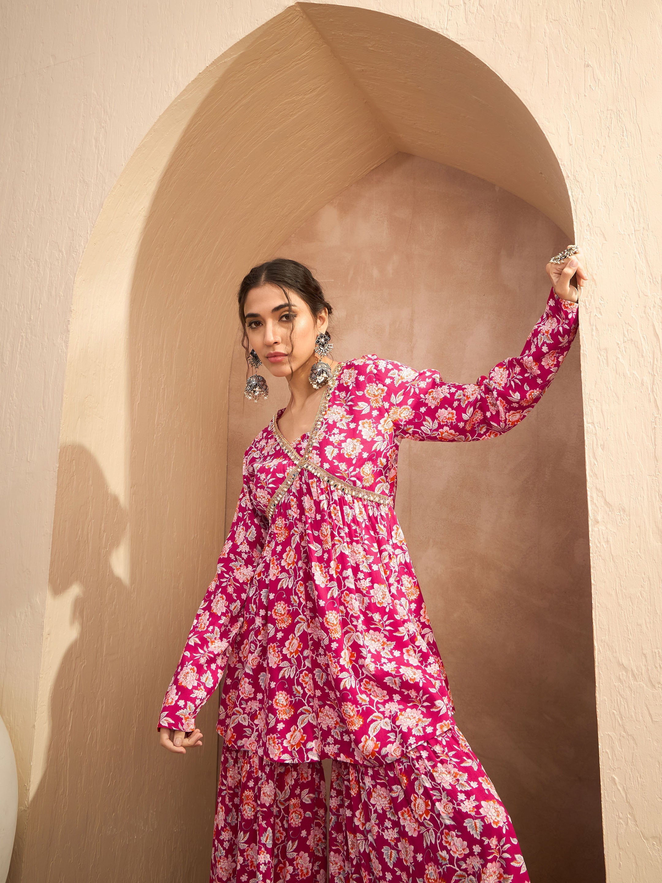 Women's Red Floral Cambric Peplum Top With Sharara Pan