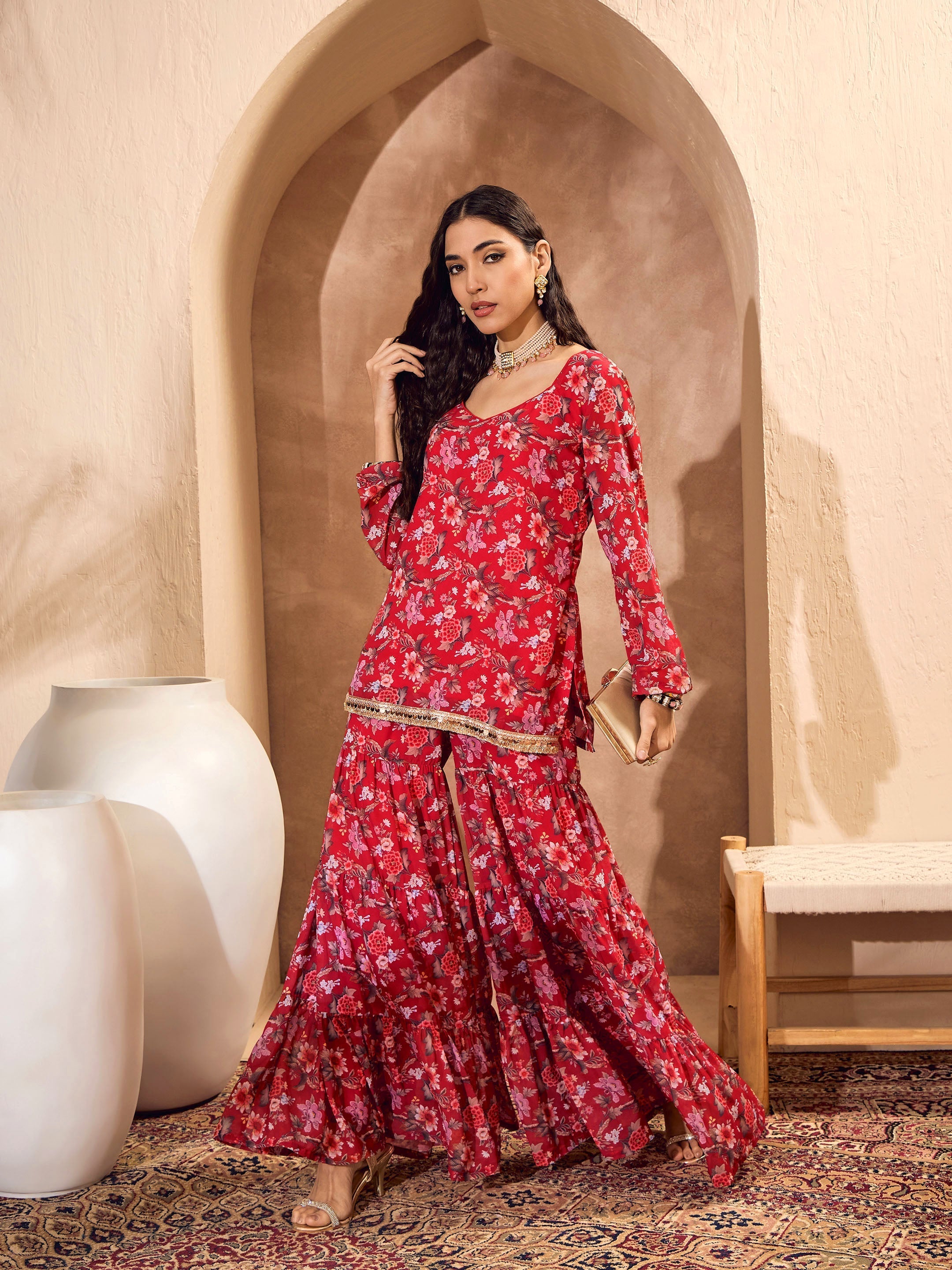 Women's Red Floral Short Kurta With Tiered Shara
