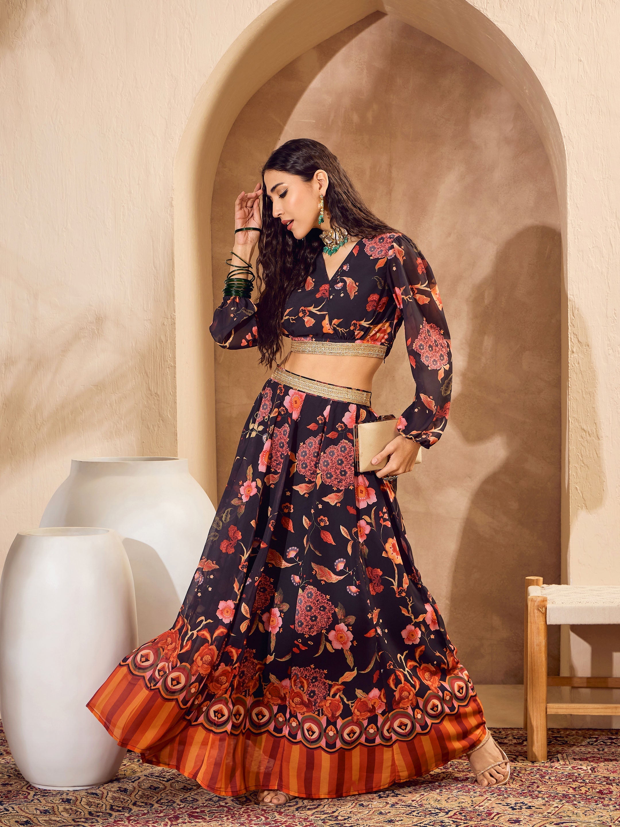 Women's Black Floral Wrap Crop Top With Anarkali Ski